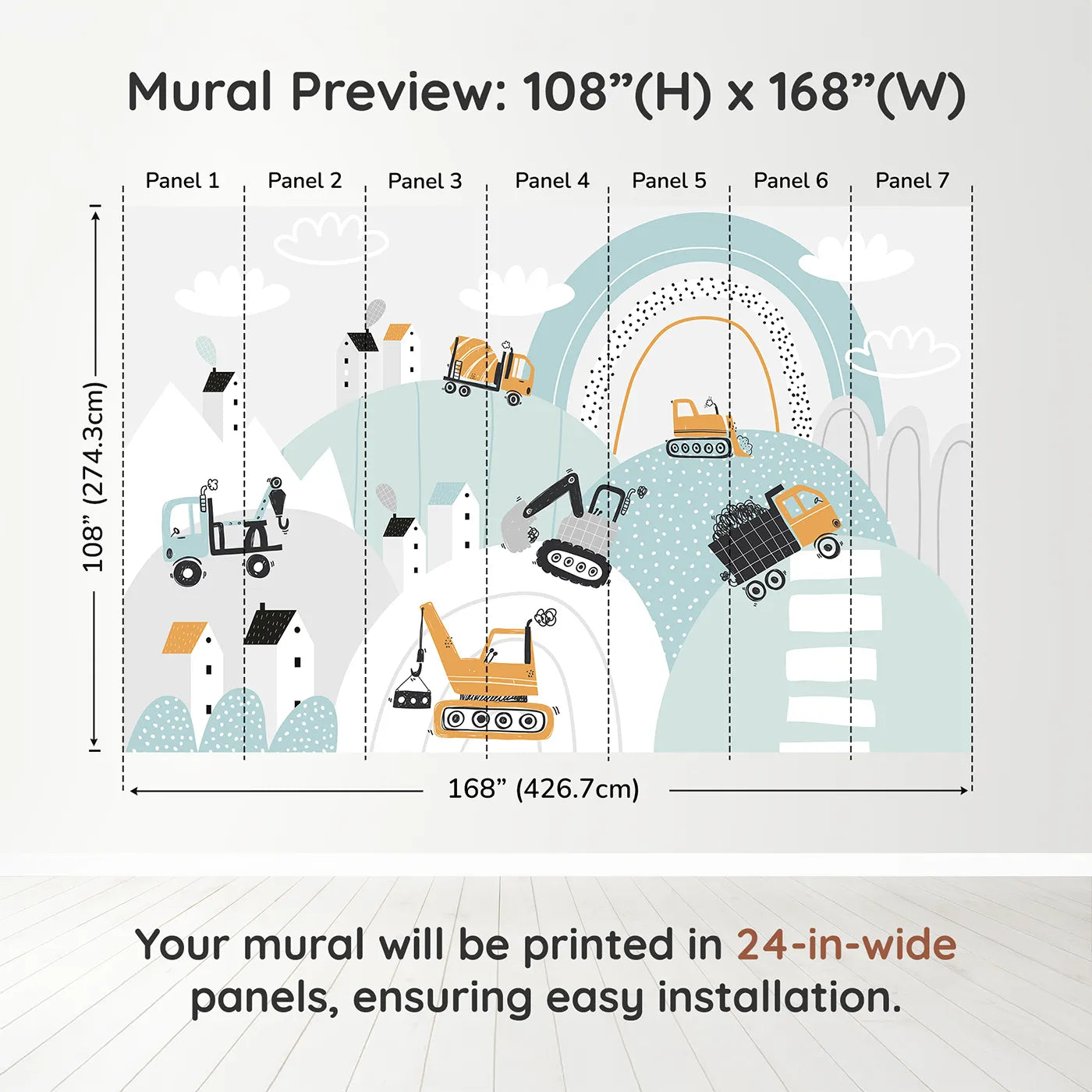 Whimsy Tots Rainbow Construction Site Wall Muraldimension view (108" H x 168" W). Printed in seven 24-inch-wide panels. Best for Boys