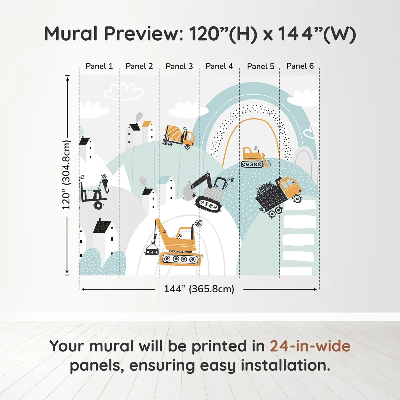 Whimsy Tots Rainbow Construction Site Wall Muraldimension view (120" H x 144" W). Printed in six 24-inch-wide panels. Best for Boys