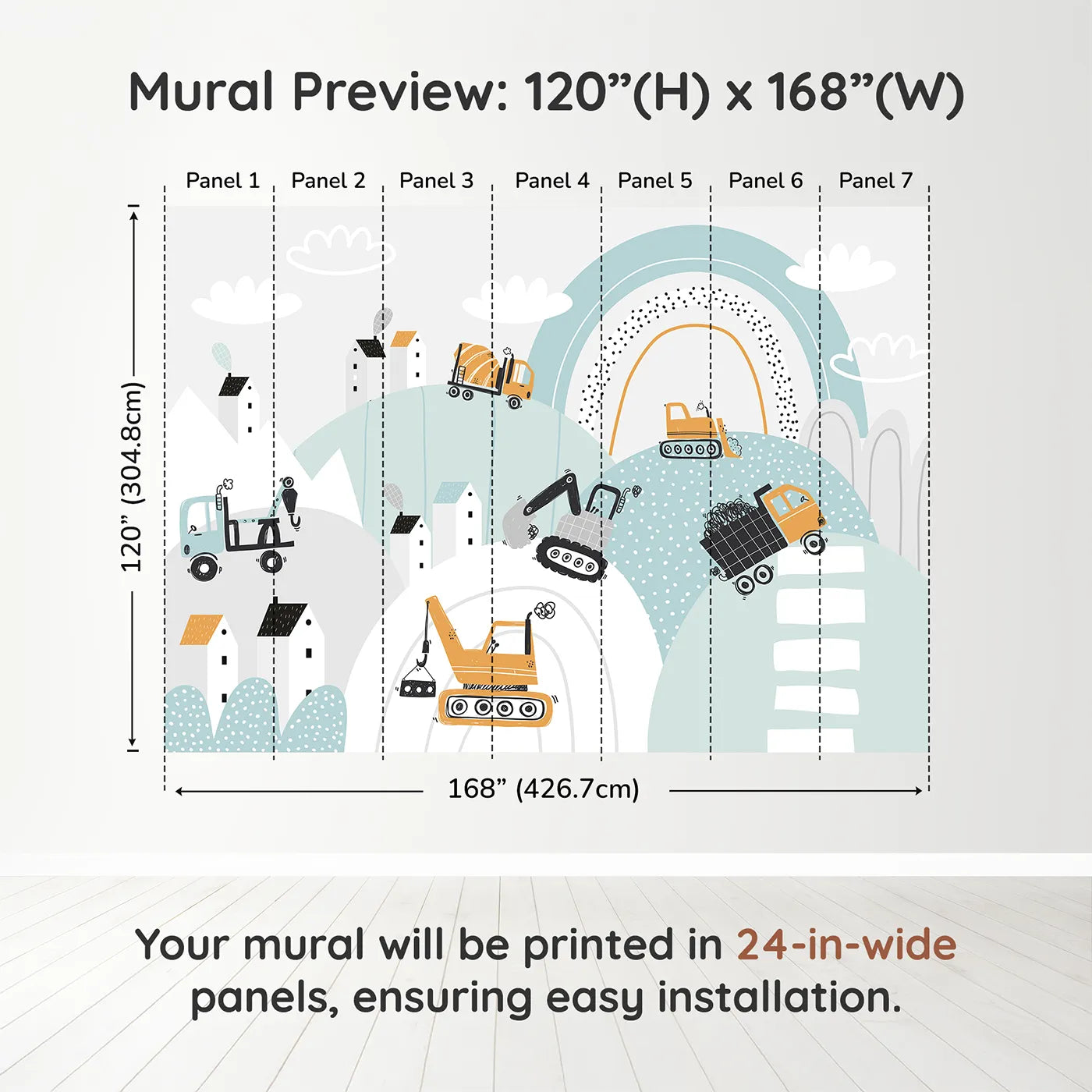 Whimsy Tots Rainbow Construction Site Wall Muraldimension view (120" H x 168" W). Printed in seven 24-inch-wide panels. Best for Boys