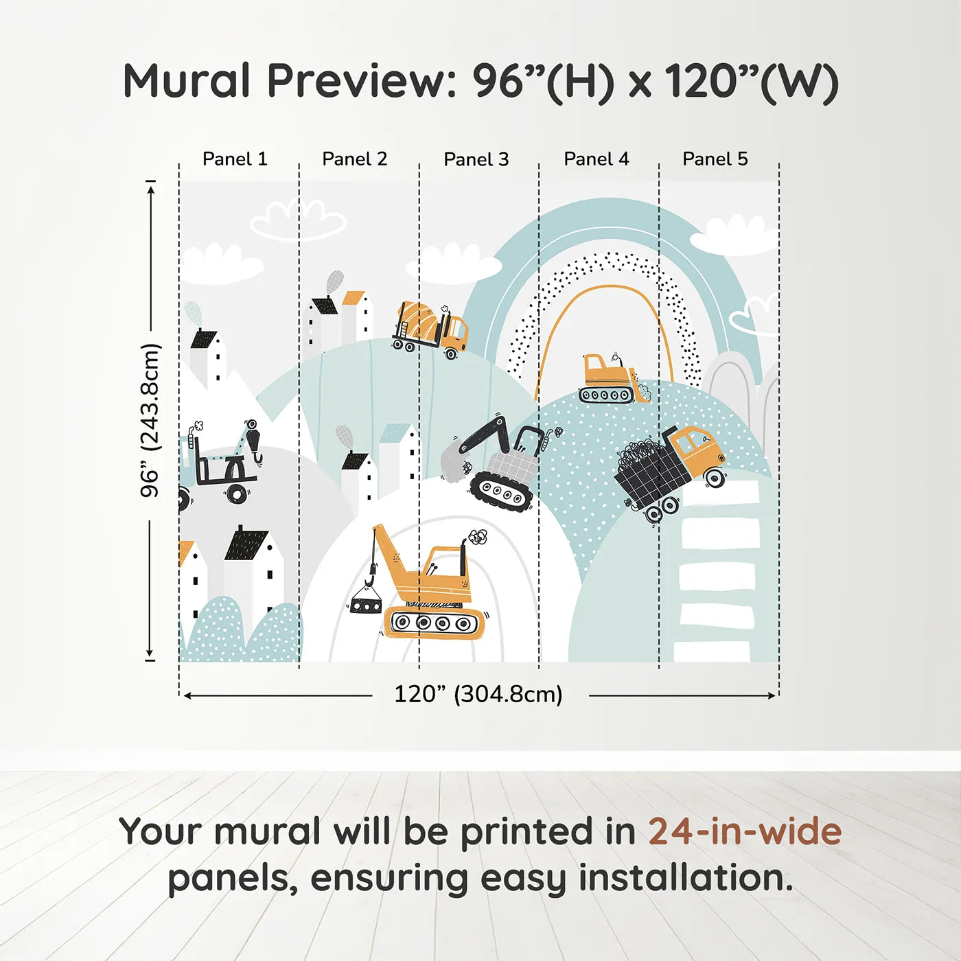 Whimsy Tots Rainbow Construction Site Wall Muraldimension view (96" H x 120" W). Printed in five 24-inch-wide panels. Best for Boys