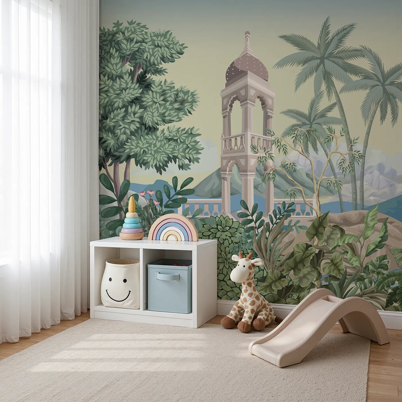 Angled view of Whimsy Tots' Indian Garden Wall Mural (Turn Their Room into a Lush, Exotic Paradise).Gender-Neutral
