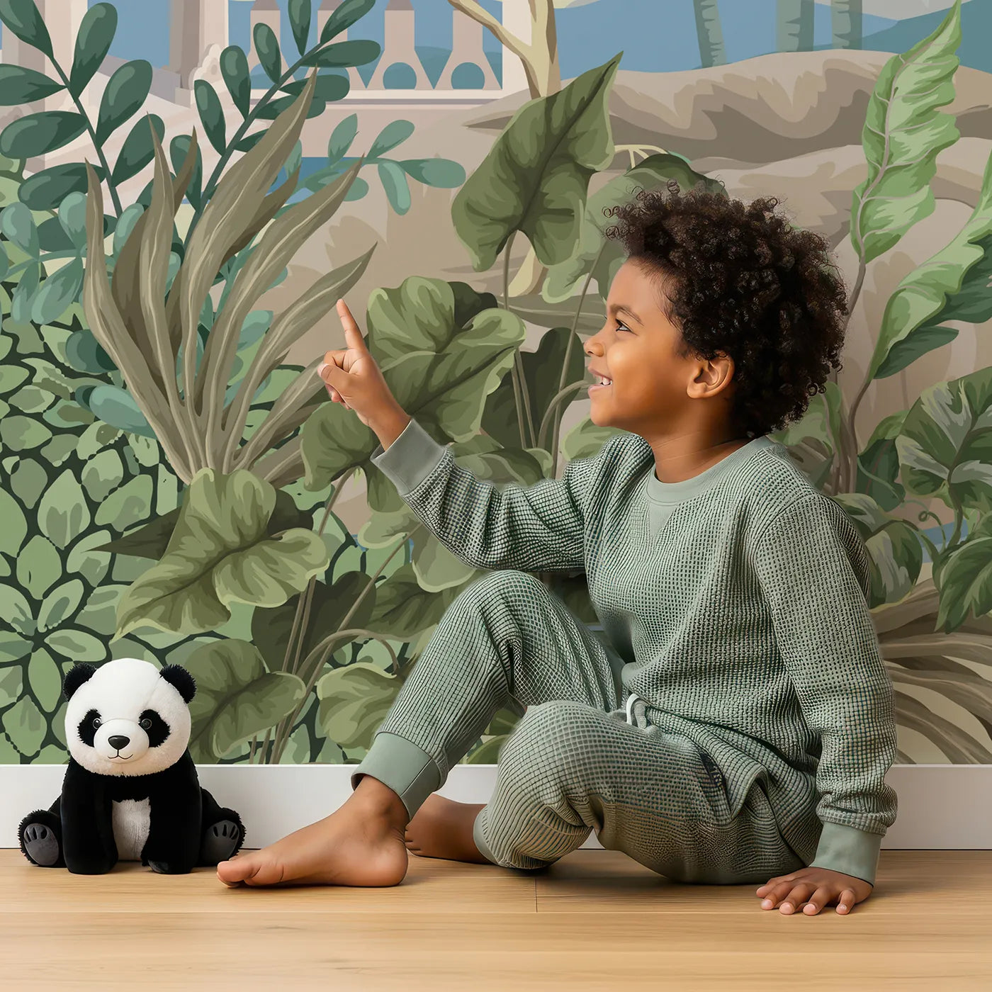 Child in front of Whimsy Tots Indian Garden Wall Mural with chinoiserie, vintage, indian, bird, exotic, tropical, classic, garden in design.