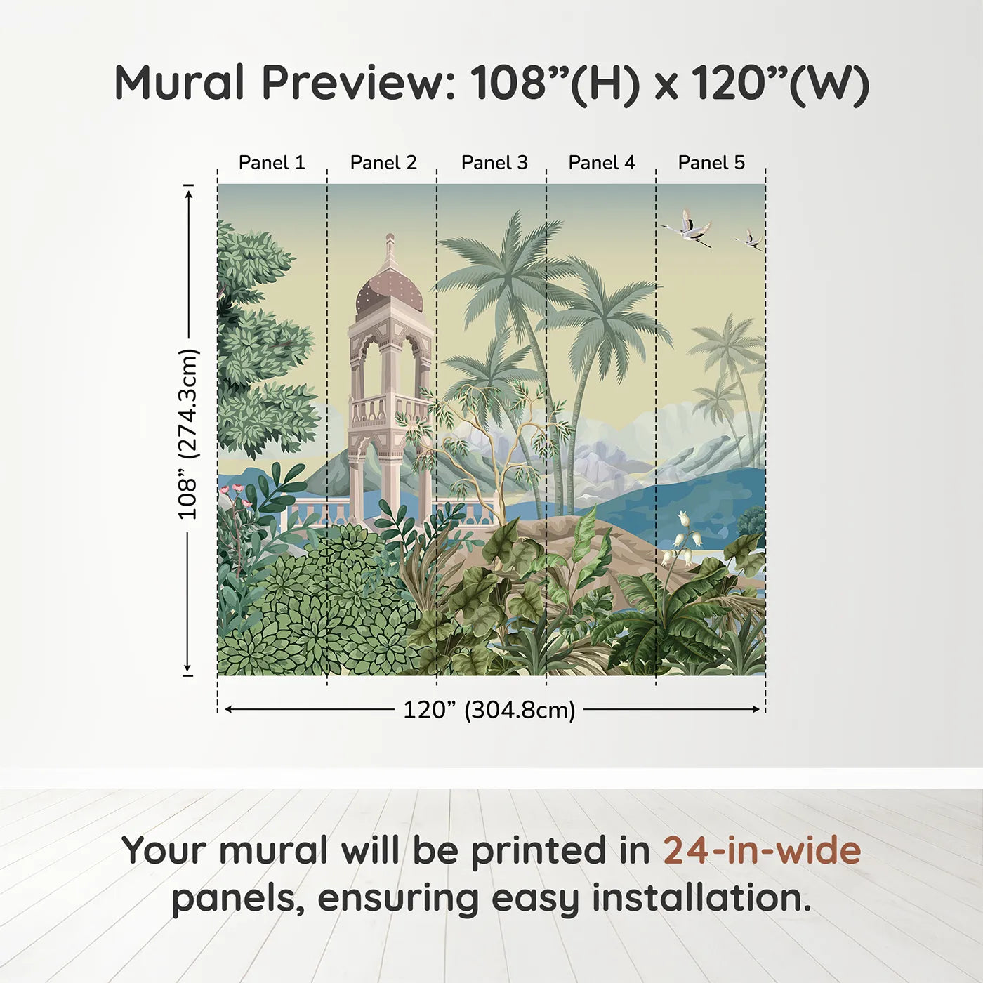 Whimsy Tots Indian Garden Wall Muraldimension view (108" H x 120" W). Printed in five 24-inch-wide panels. Gender-Neutral