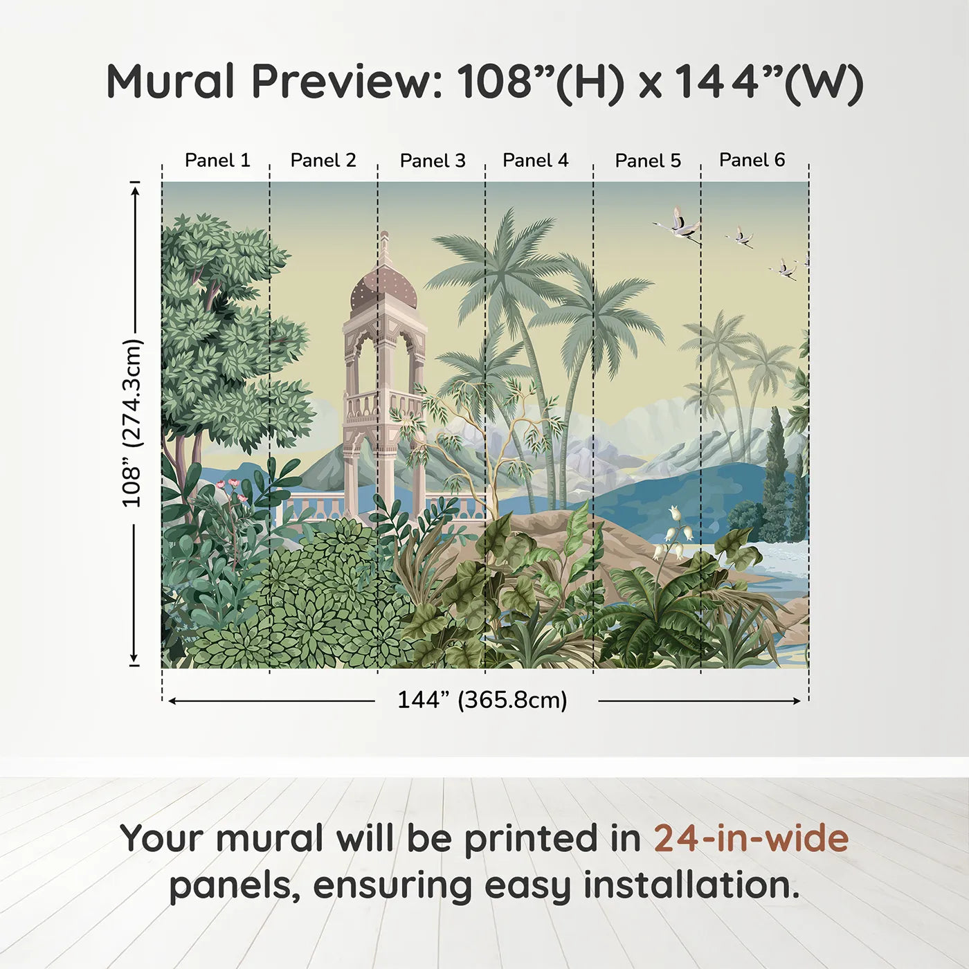 Whimsy Tots Indian Garden Wall Muraldimension view (108" H x 144" W). Printed in six 24-inch-wide panels. Gender-Neutral