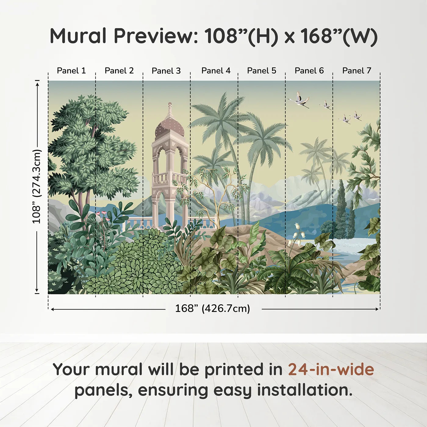 Whimsy Tots Indian Garden Wall Muraldimension view (108" H x 168" W). Printed in seven 24-inch-wide panels. Gender-Neutral