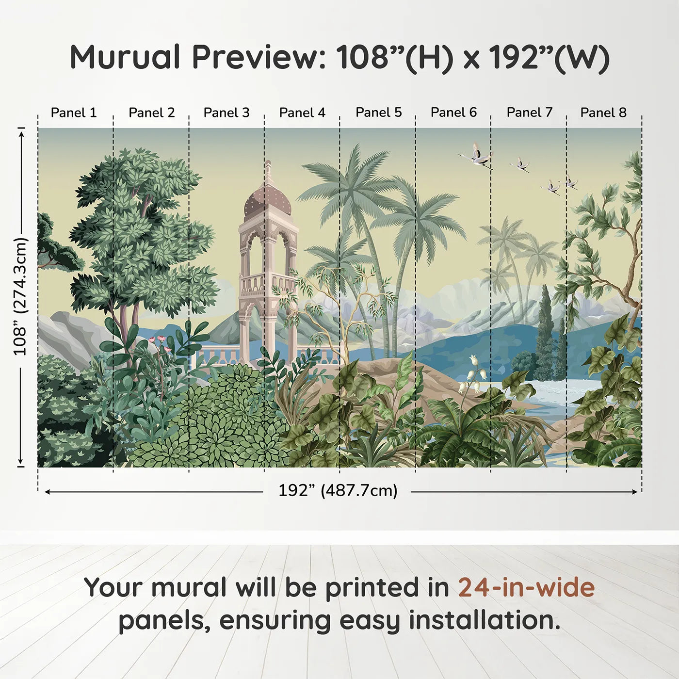 Whimsy Tots Indian Garden Wall Muraldimension view (108" H x 192" W). Printed in eight 24-inch-wide panels. Gender-Neutral