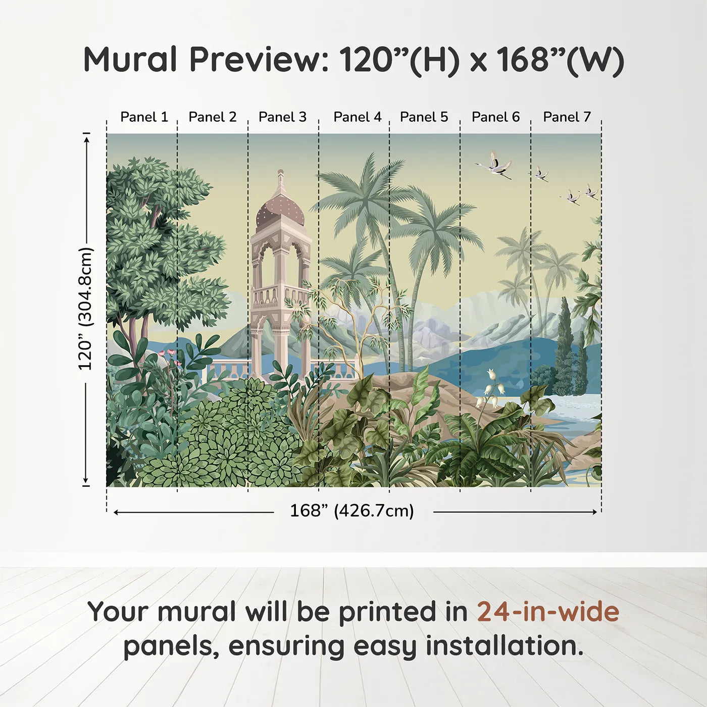 Whimsy Tots Indian Garden Wall Muraldimension view (120" H x 168" W). Printed in seven 24-inch-wide panels. Gender-Neutral