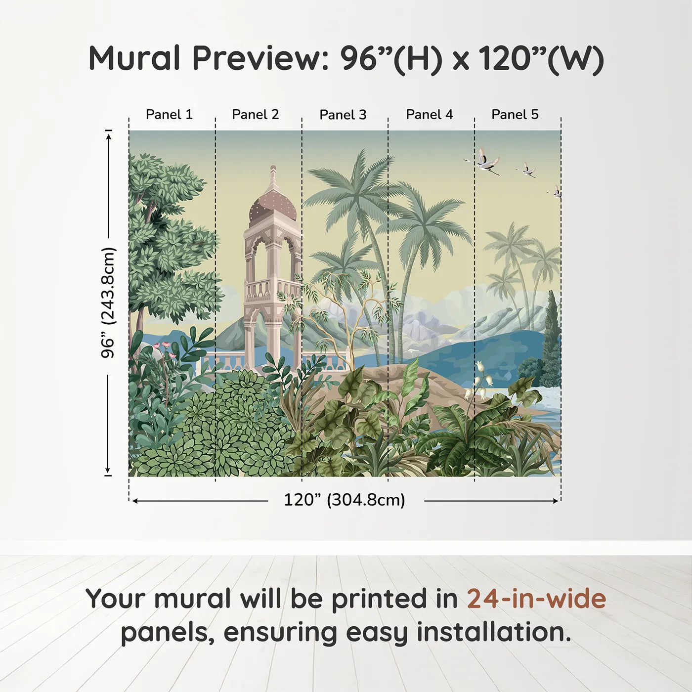 Whimsy Tots Indian Garden Wall Muraldimension view (96" H x 120" W). Printed in five 24-inch-wide panels. Gender-Neutral