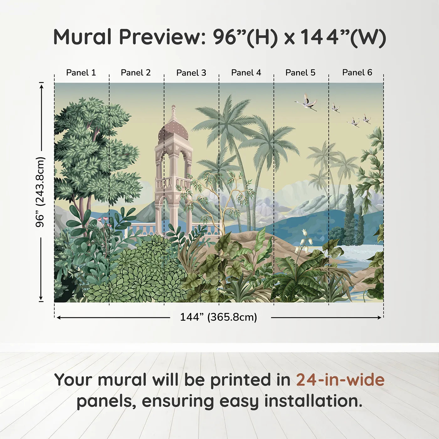 Whimsy Tots Indian Garden Wall Muraldimension view (96" H x 144" W). Printed in six 24-inch-wide panels. Gender-Neutral