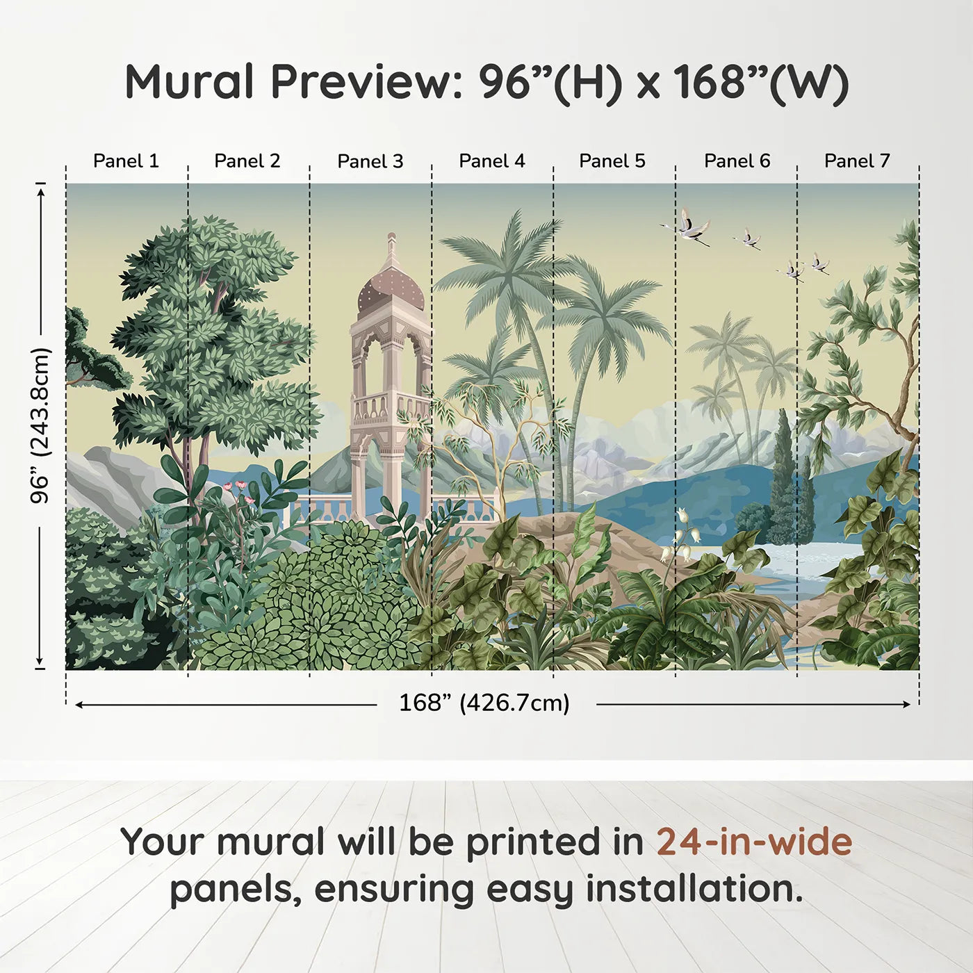 Whimsy Tots Indian Garden Wall Muraldimension view (96" H x 168" W). Printed in seven 24-inch-wide panels. Gender-Neutral