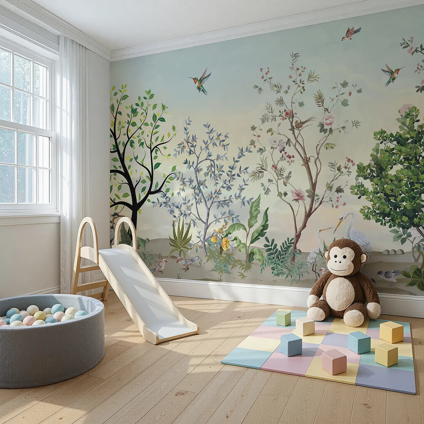 Angled view of Whimsy Tots' Exotic Bird Garden Wall Mural in Green (Turn Their Room into a Lush, Hand-Painted Paradise).Gender-Neutral