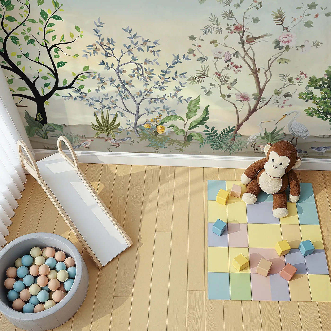 Top-down view of Whimsy Tots' Exotic Bird Garden Wall Mural in Green (Turn Their Room into a Lush, Hand-Painted Paradise).Gender-Neutral