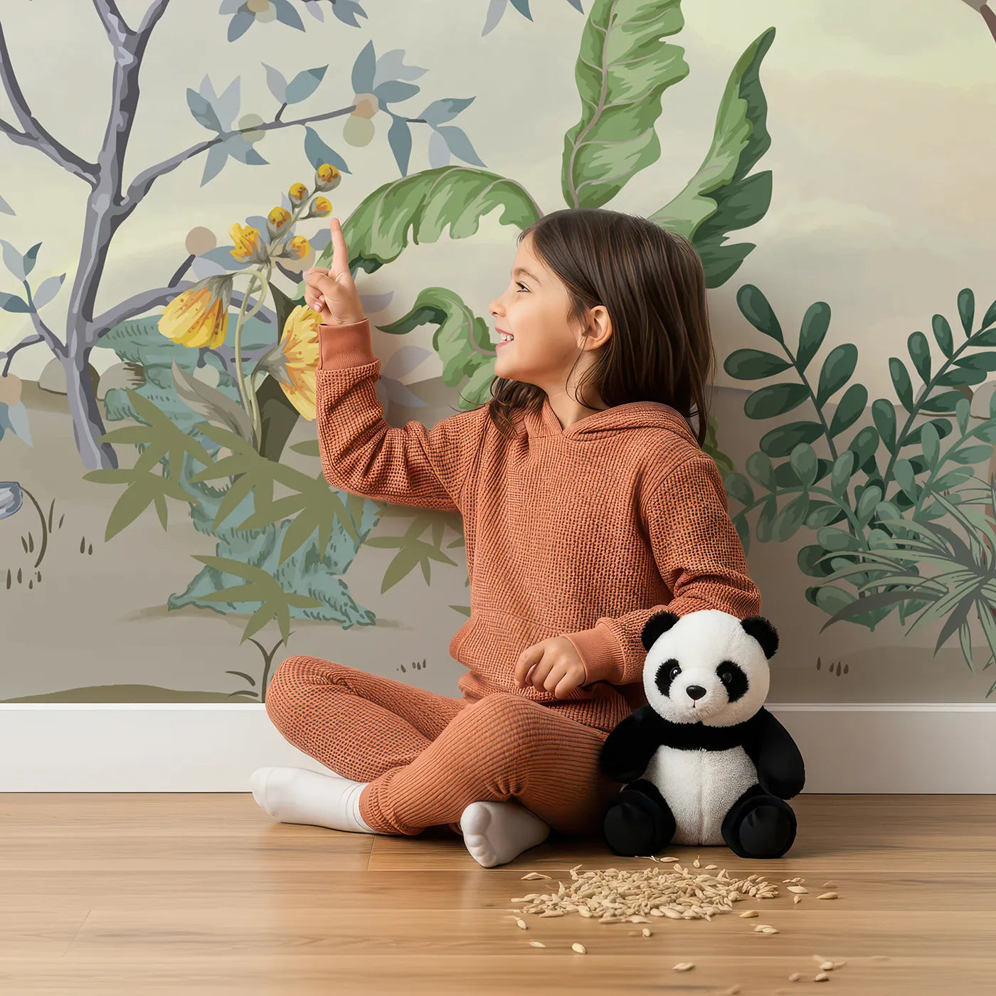 Child in front of Whimsy Tots Exotic Bird Garden Wall Mural in Green with chinoiserie, vintage, floral, bird, exotic, tropical, classic, elegant in design.