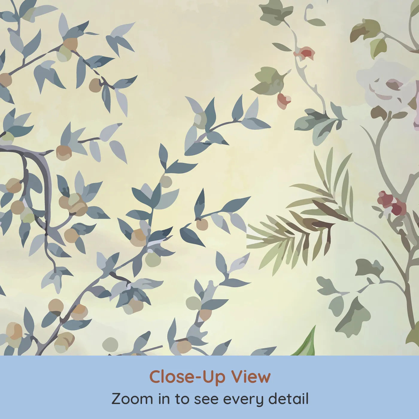 Close-up view of Whimsy Tots' Exotic Bird Garden Wall Mural in Green (Turn Their Room into a Lush, Hand-Painted Paradise).Gender-Neutral