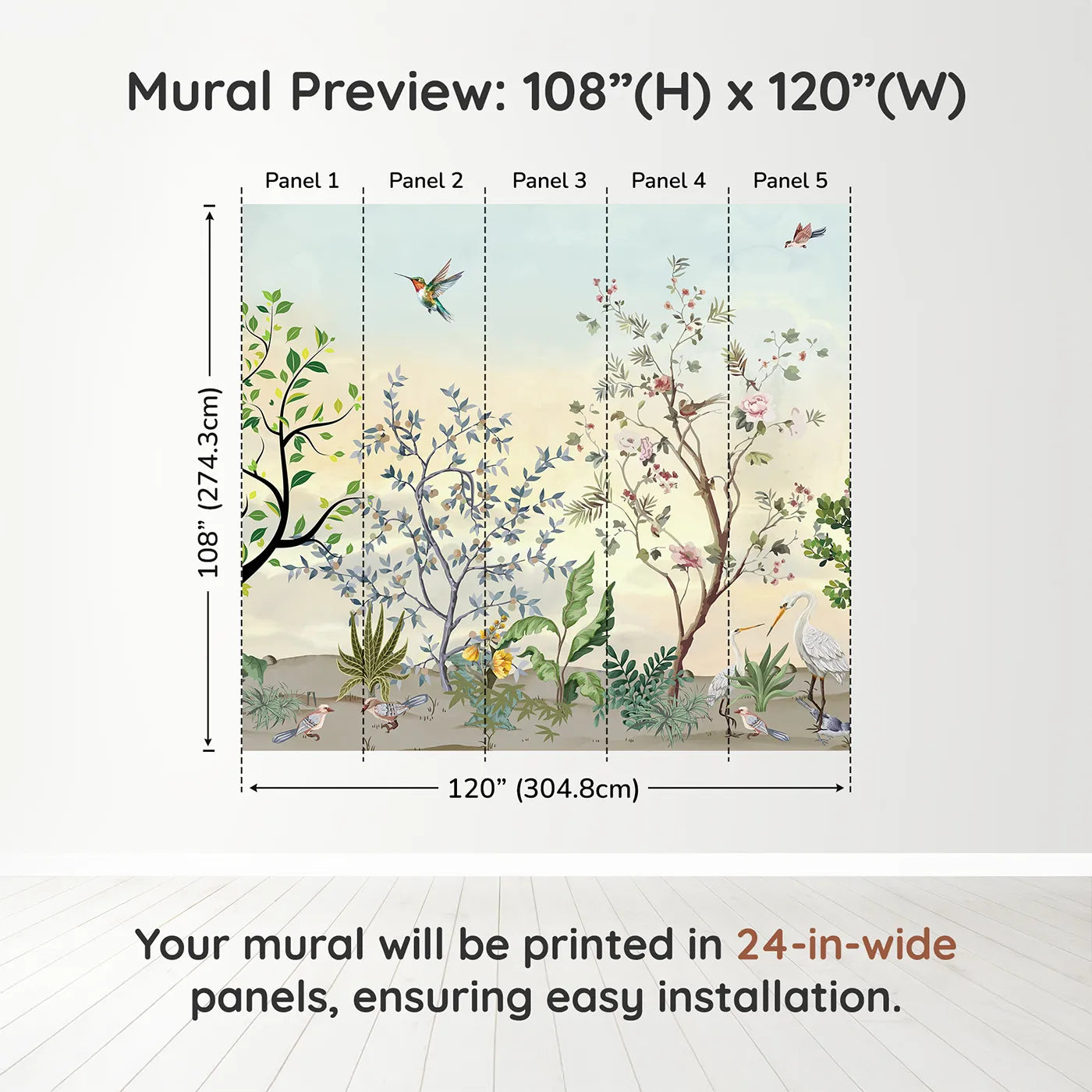 Whimsy Tots Exotic Bird Garden Wall Mural in Greendimension view (108" H x 120" W). Printed in five 24-inch-wide panels. Gender-Neutral