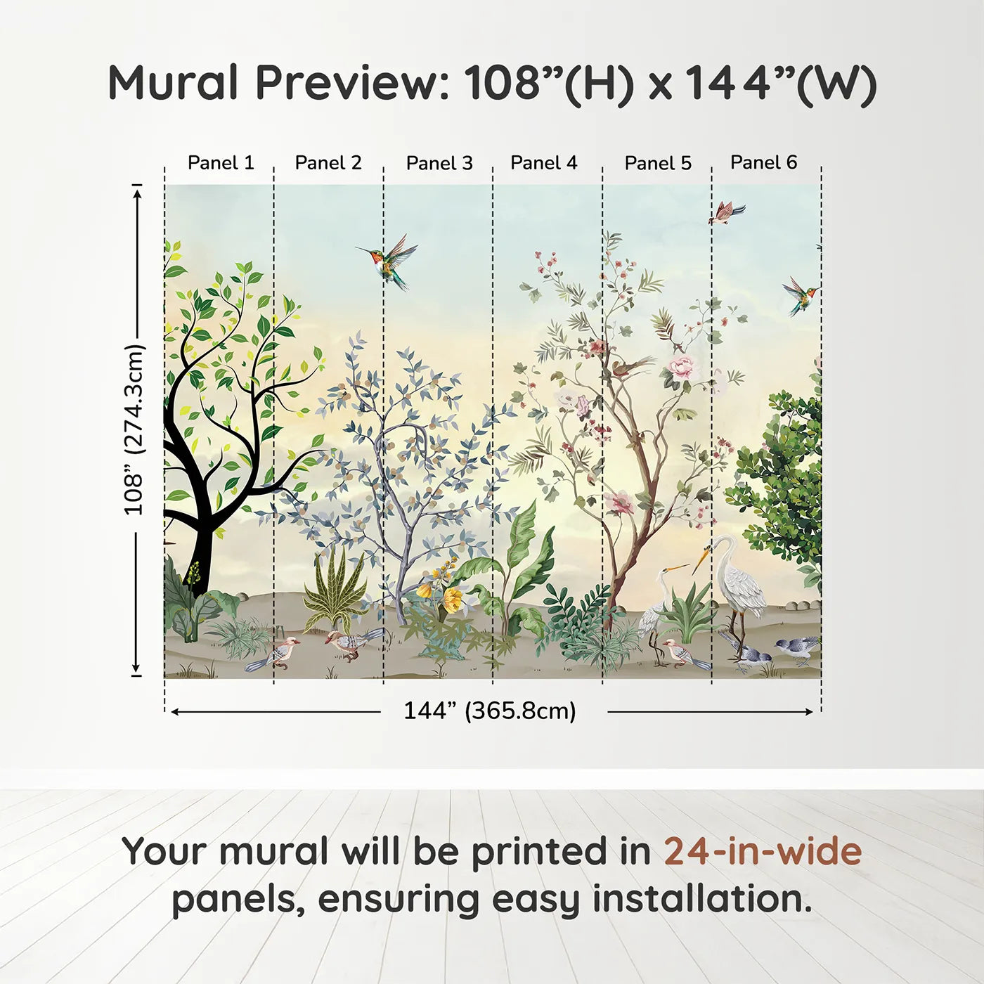 Whimsy Tots Exotic Bird Garden Wall Mural in Greendimension view (108" H x 144" W). Printed in six 24-inch-wide panels. Gender-Neutral