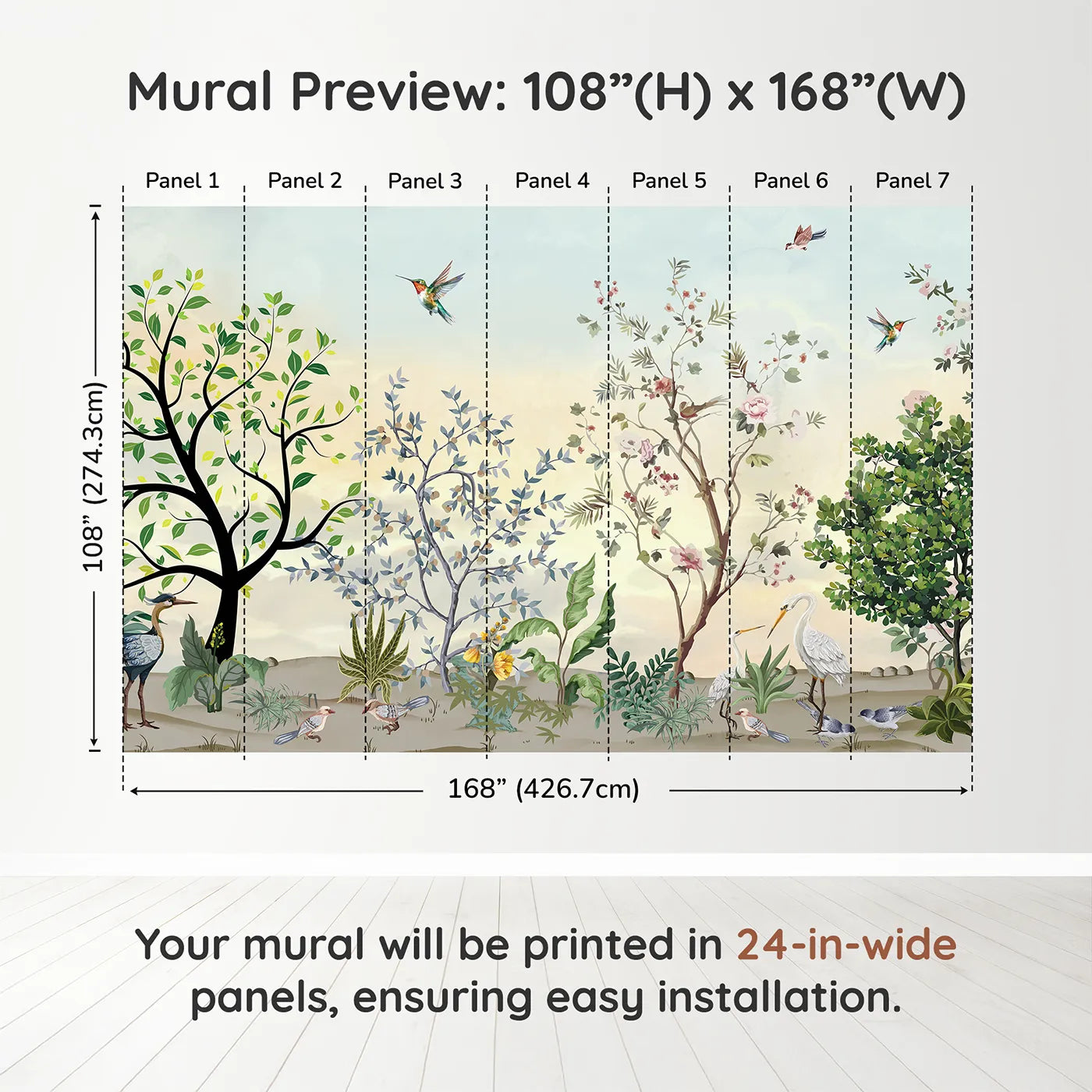 Whimsy Tots Exotic Bird Garden Wall Mural in Greendimension view (108" H x 168" W). Printed in seven 24-inch-wide panels. Gender-Neutral