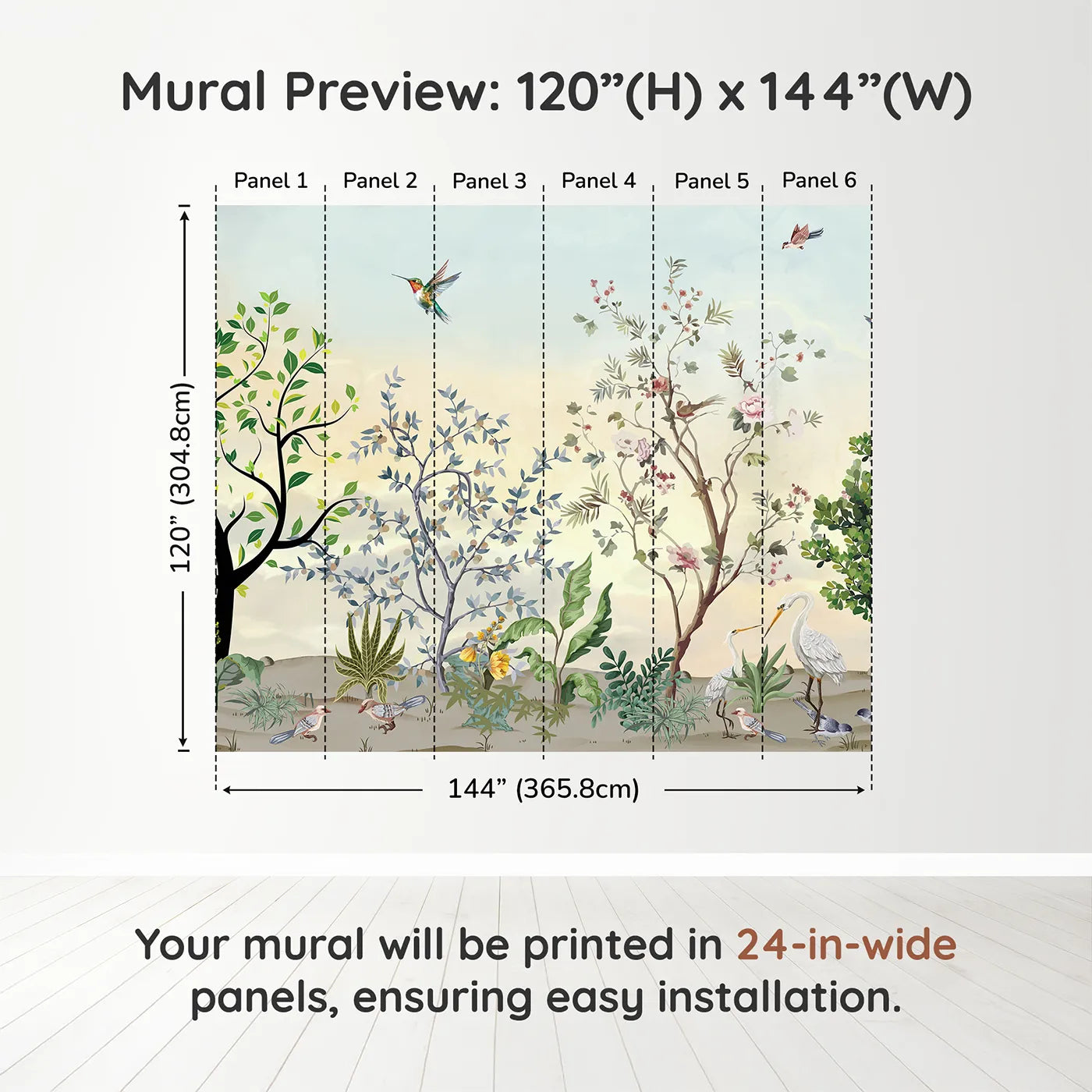 Whimsy Tots Exotic Bird Garden Wall Mural in Greendimension view (120" H x 144" W). Printed in six 24-inch-wide panels. Gender-Neutral