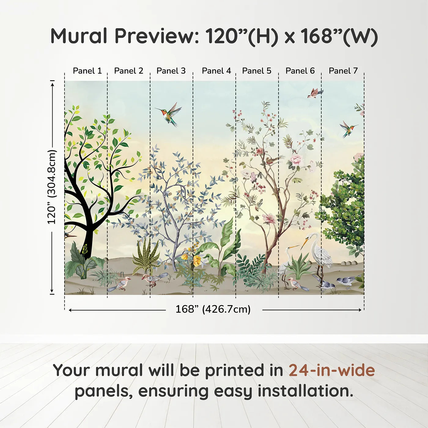 Whimsy Tots Exotic Bird Garden Wall Mural in Greendimension view (120" H x 168" W). Printed in seven 24-inch-wide panels. Gender-Neutral