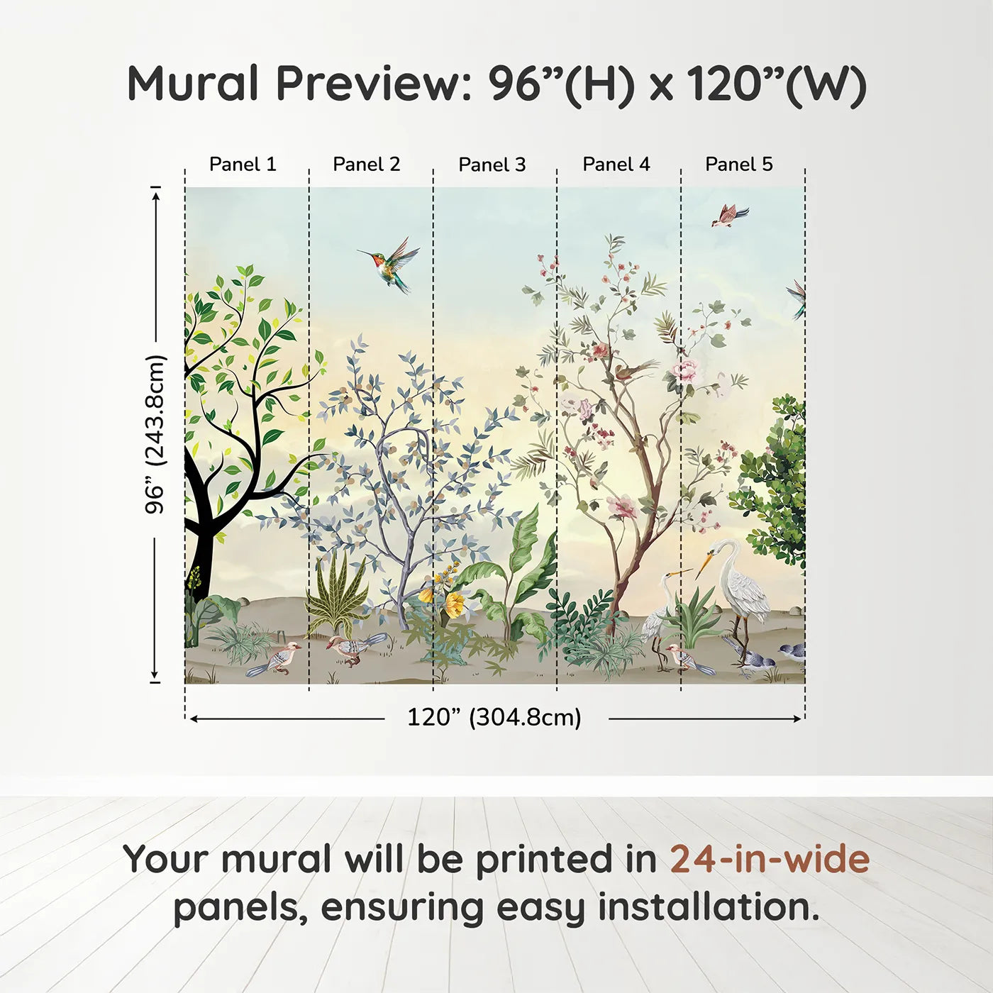 Whimsy Tots Exotic Bird Garden Wall Mural in Greendimension view (96" H x 120" W). Printed in five 24-inch-wide panels. Gender-Neutral