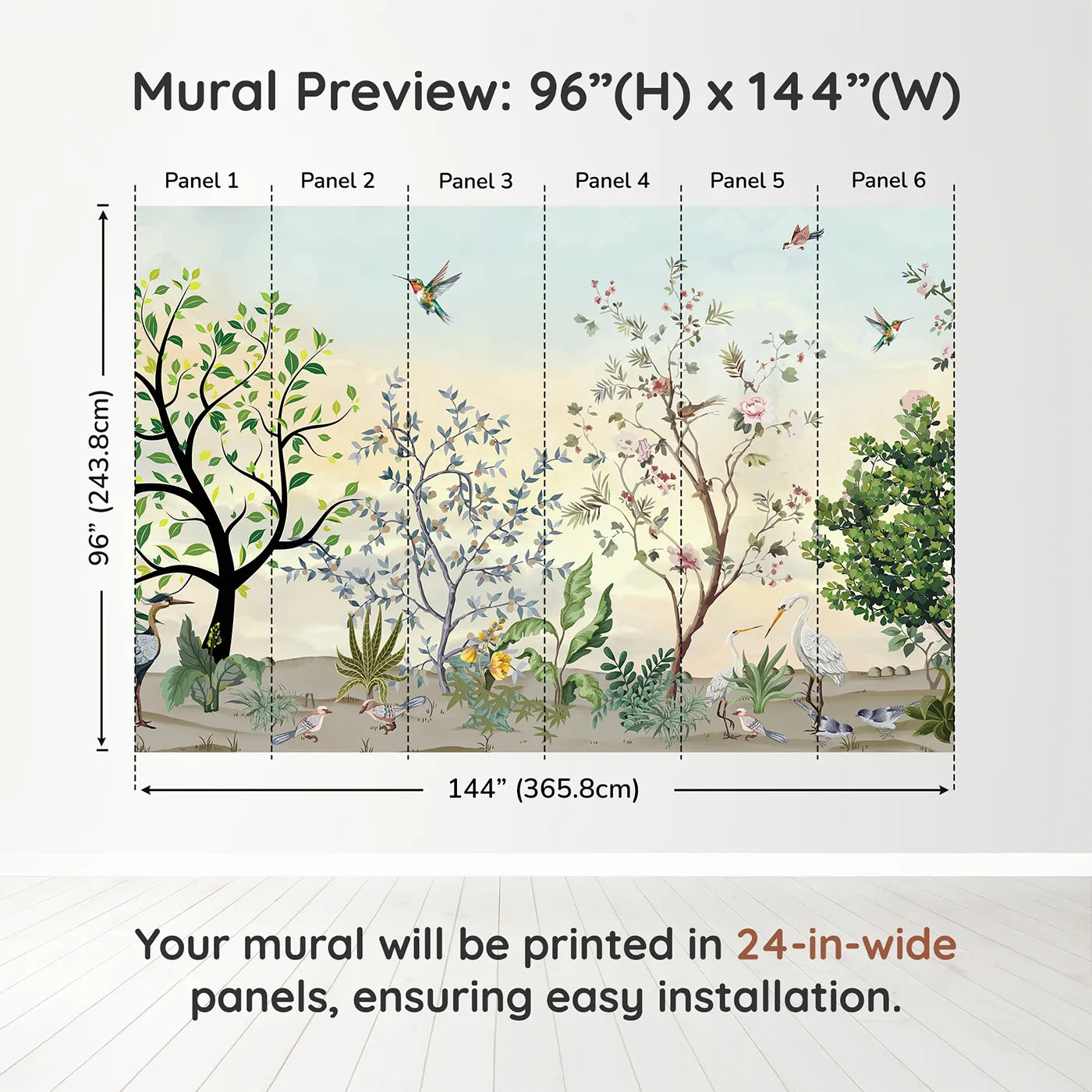 Whimsy Tots Exotic Bird Garden Wall Mural in Greendimension view (96" H x 144" W). Printed in six 24-inch-wide panels. Gender-Neutral