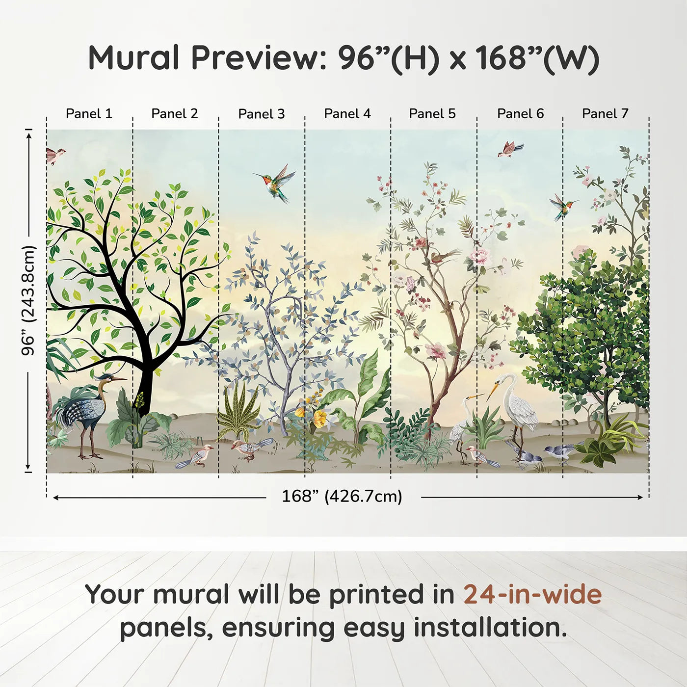 Whimsy Tots Exotic Bird Garden Wall Mural in Greendimension view (96" H x 168" W). Printed in seven 24-inch-wide panels. Gender-Neutral