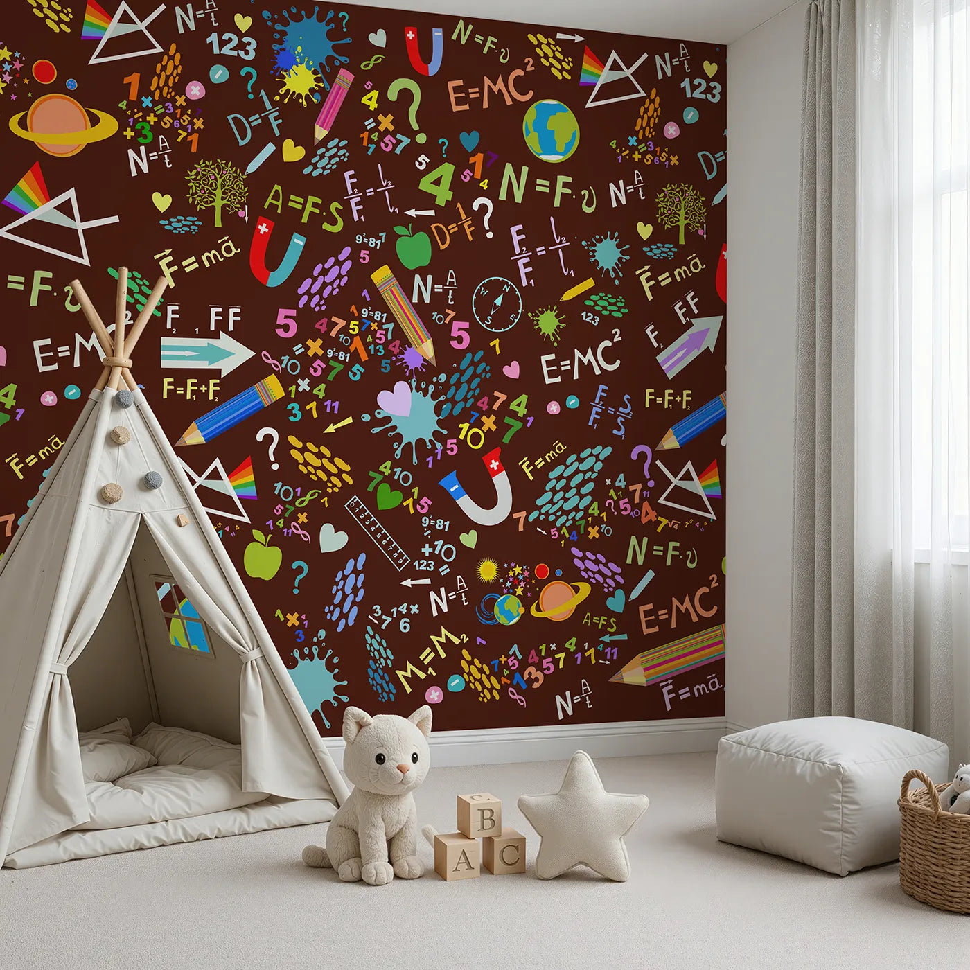 Angled view of Whimsy Tots' Science Doodle Wall Mural in Brown (Turn Their Room into a Vibrant Explosion of Knowledge).Gender-Neutral