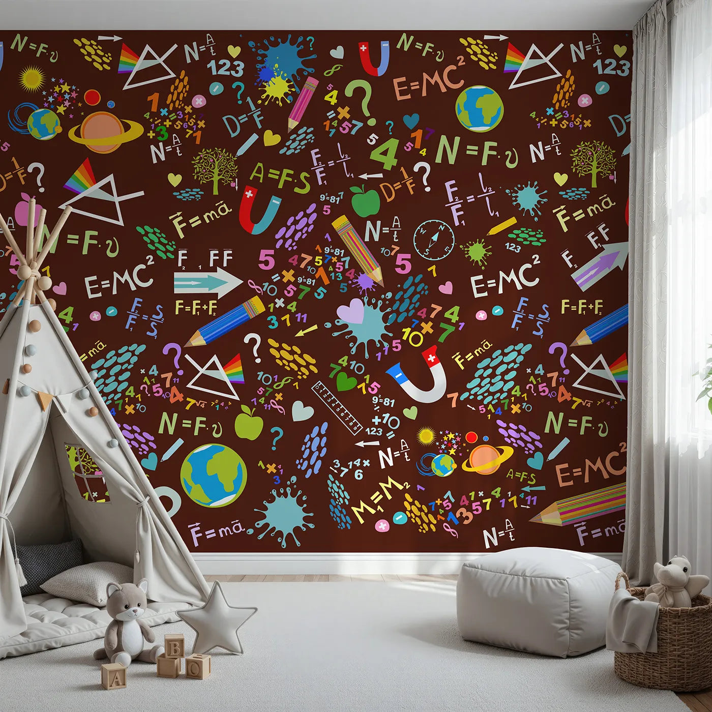Front view of Whimsy Tots' Science Doodle Wall Mural in Brown
