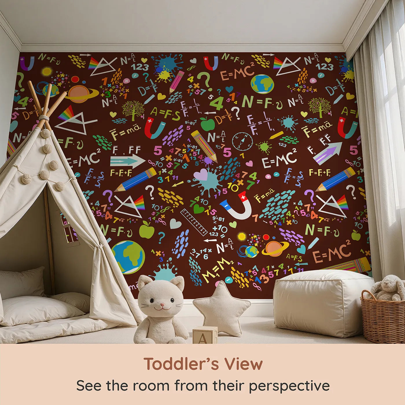 Whimsy Tots Science Doodle Wall Mural in Brown (Turn Their Room into a Vibrant Explosion of Knowledge) from your child's view.Gender-Neutral
