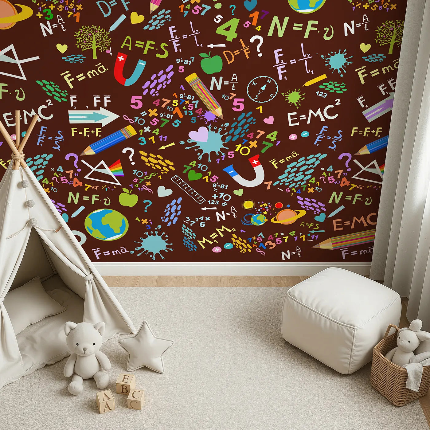 Top-down view of Whimsy Tots' Science Doodle Wall Mural in Brown (Turn Their Room into a Vibrant Explosion of Knowledge).Gender-Neutral