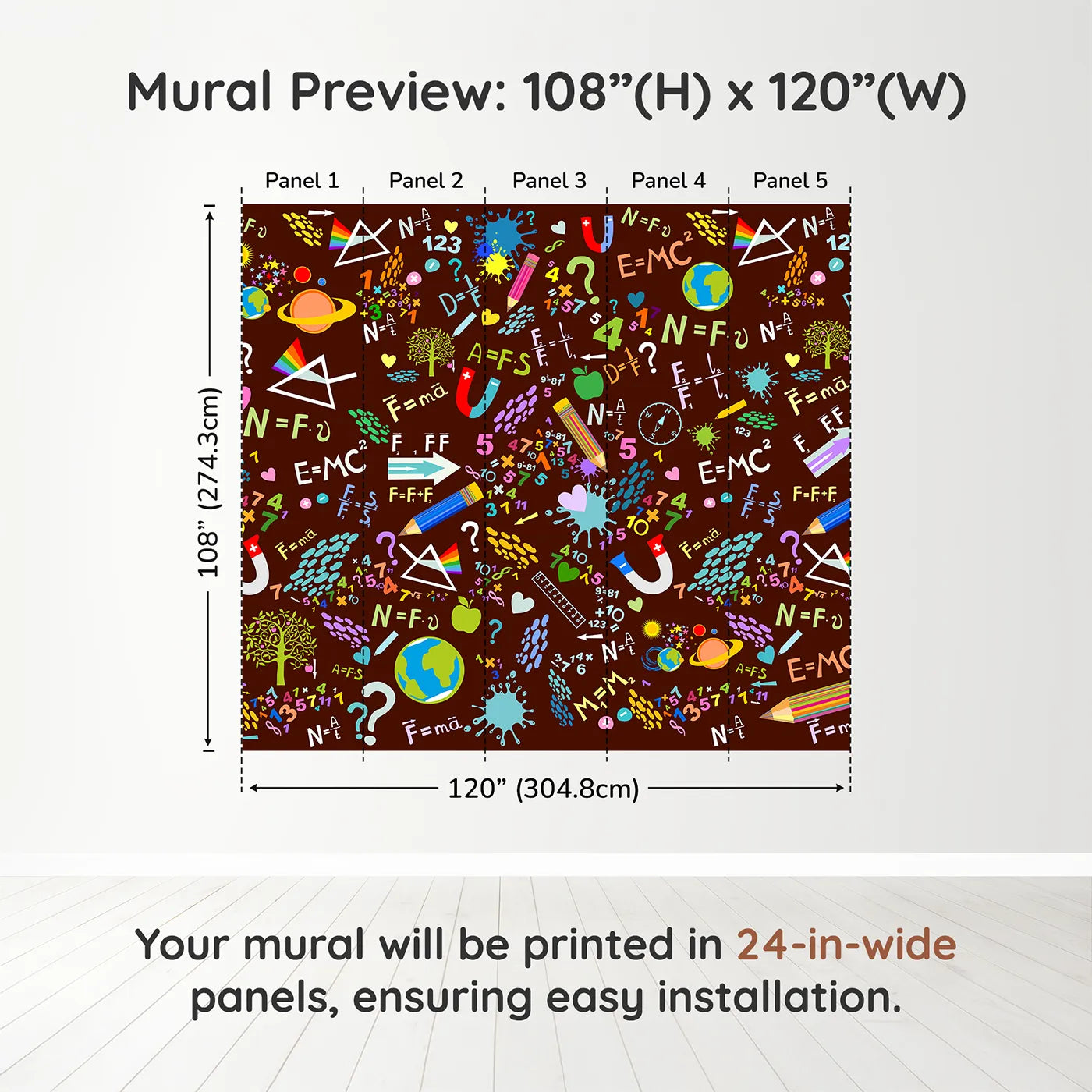 Whimsy Tots Science Doodle Wall Mural in Browndimension view (108" H x 120" W). Printed in five 24-inch-wide panels. Gender-Neutral