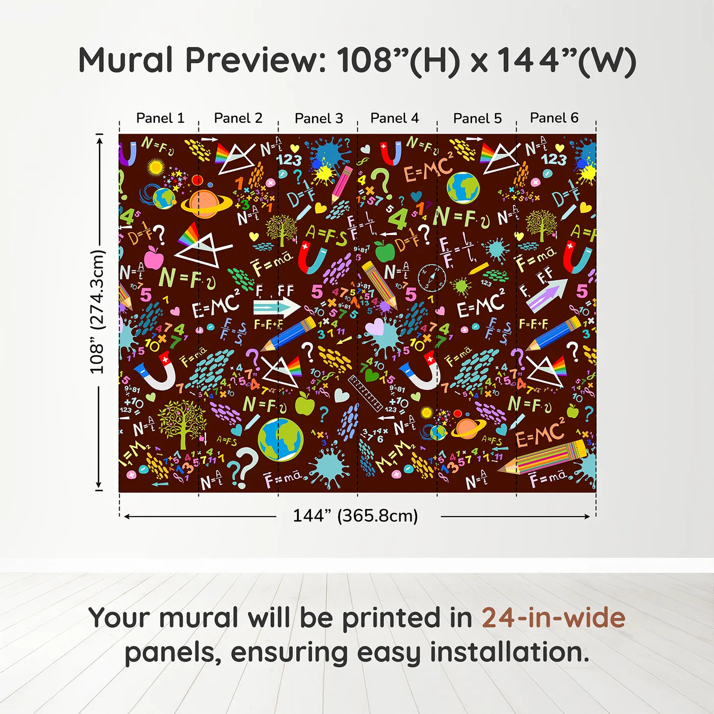 Whimsy Tots Science Doodle Wall Mural in Browndimension view (108" H x 144" W). Printed in six 24-inch-wide panels. Gender-Neutral