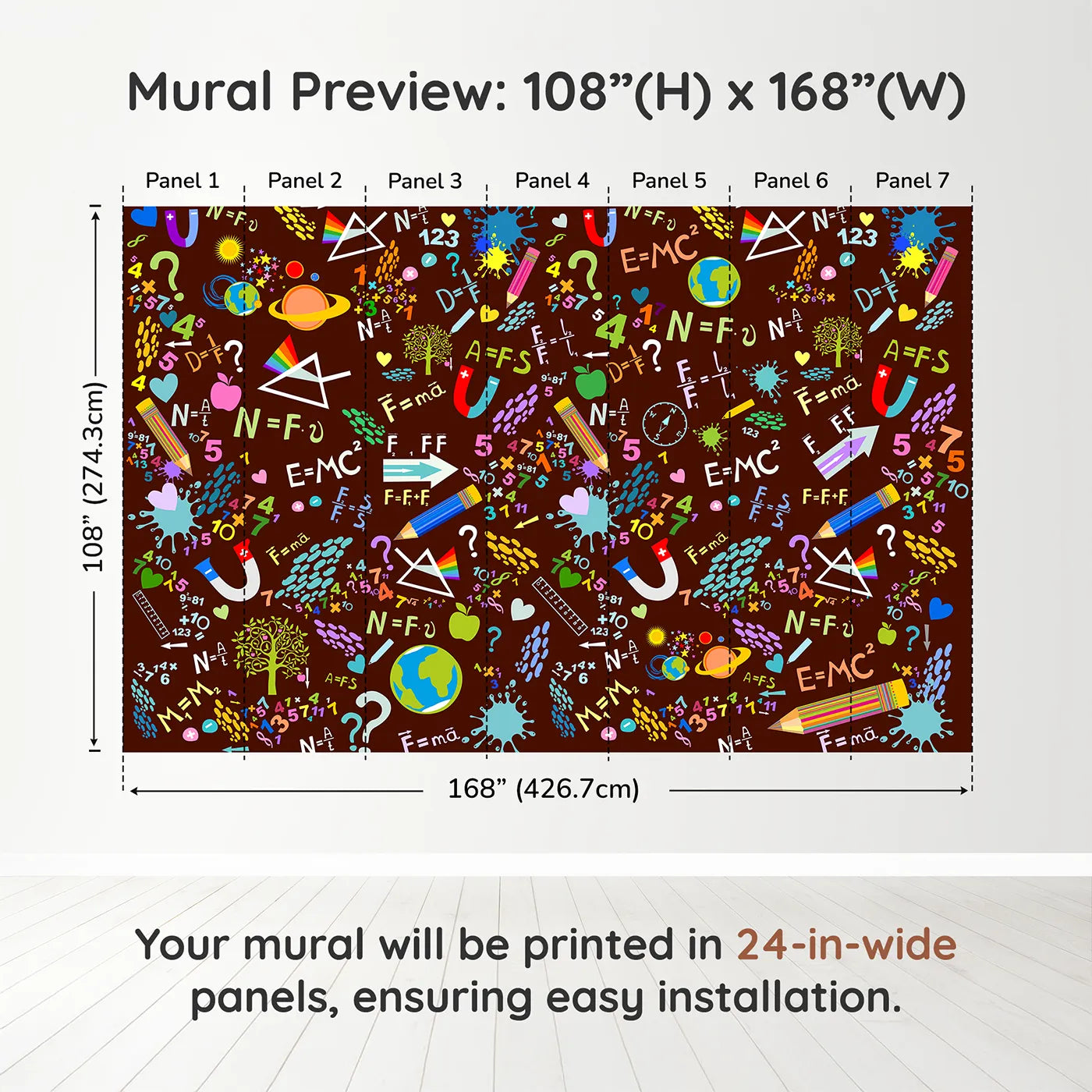 Whimsy Tots Science Doodle Wall Mural in Browndimension view (108" H x 168" W). Printed in seven 24-inch-wide panels. Gender-Neutral