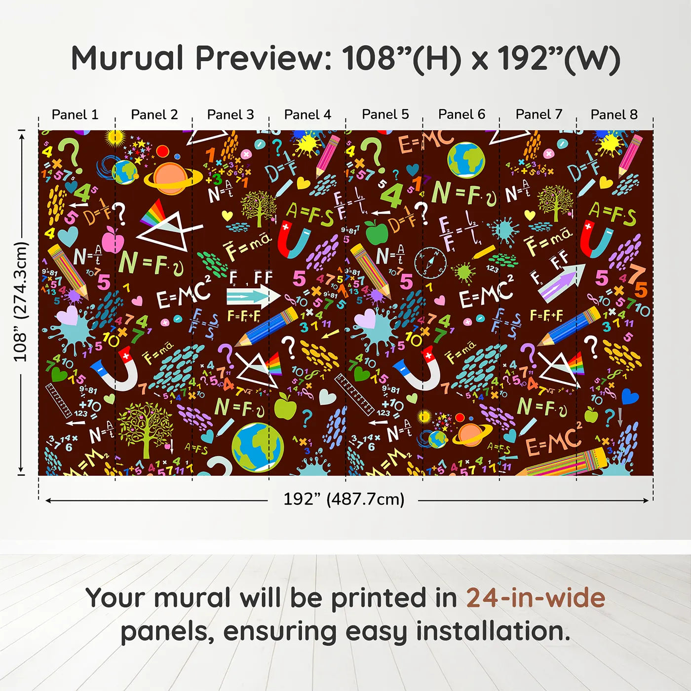 Whimsy Tots Science Doodle Wall Mural in Browndimension view (108" H x 192" W). Printed in eight 24-inch-wide panels. Gender-Neutral