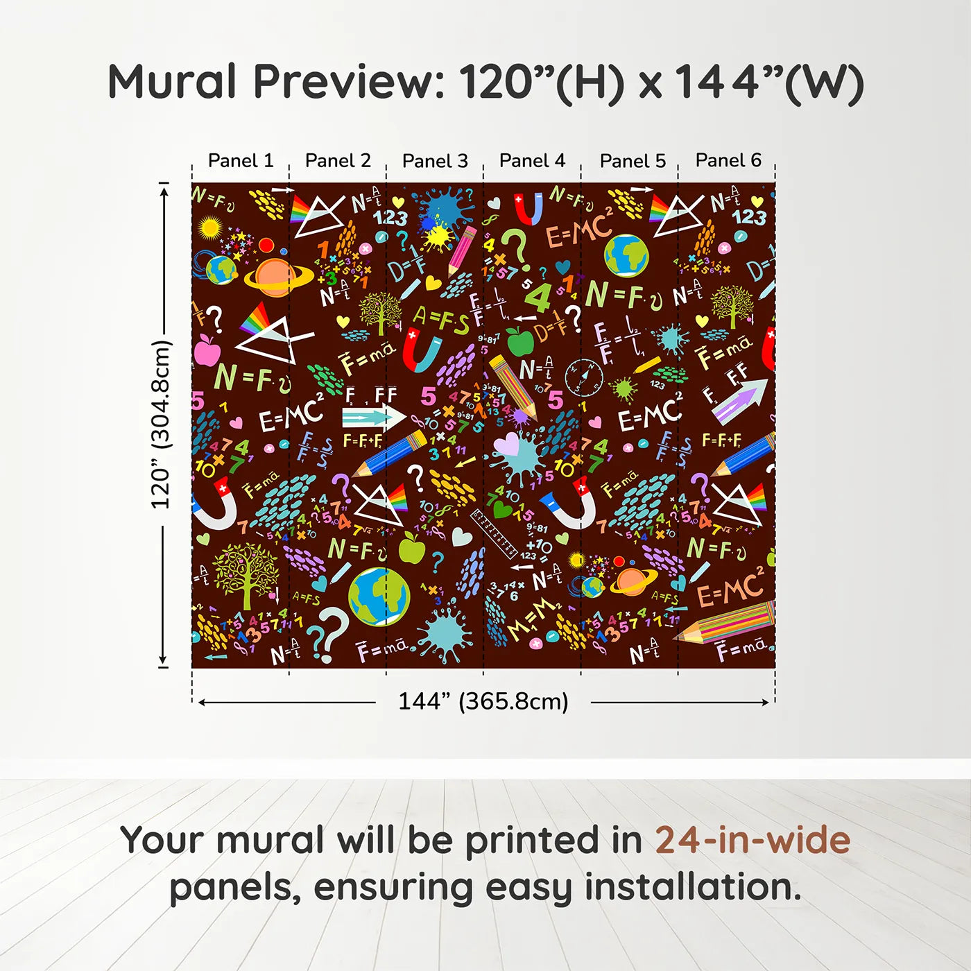 Whimsy Tots Science Doodle Wall Mural in Browndimension view (120" H x 144" W). Printed in six 24-inch-wide panels. Gender-Neutral