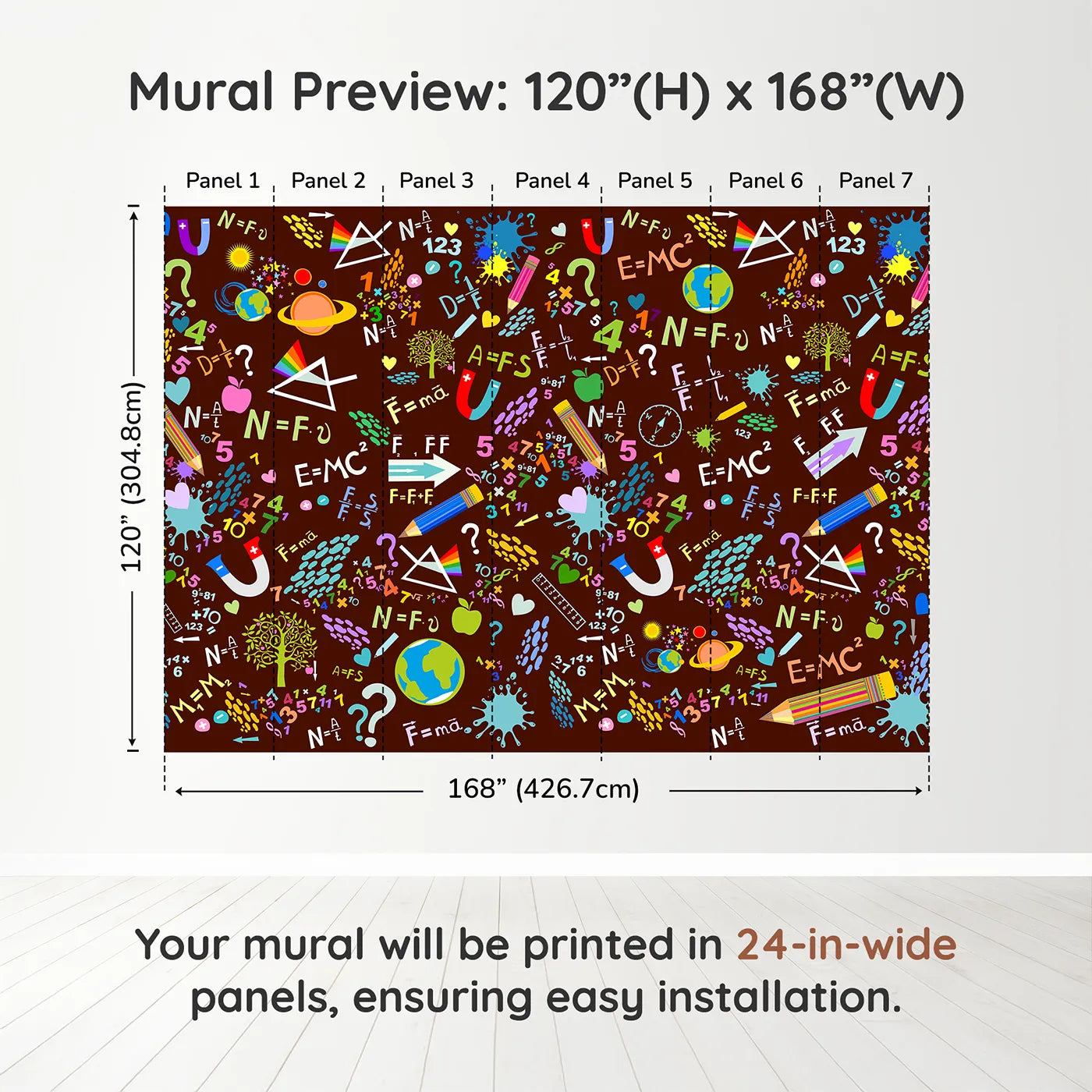 Whimsy Tots Science Doodle Wall Mural in Browndimension view (120" H x 168" W). Printed in seven 24-inch-wide panels. Gender-Neutral