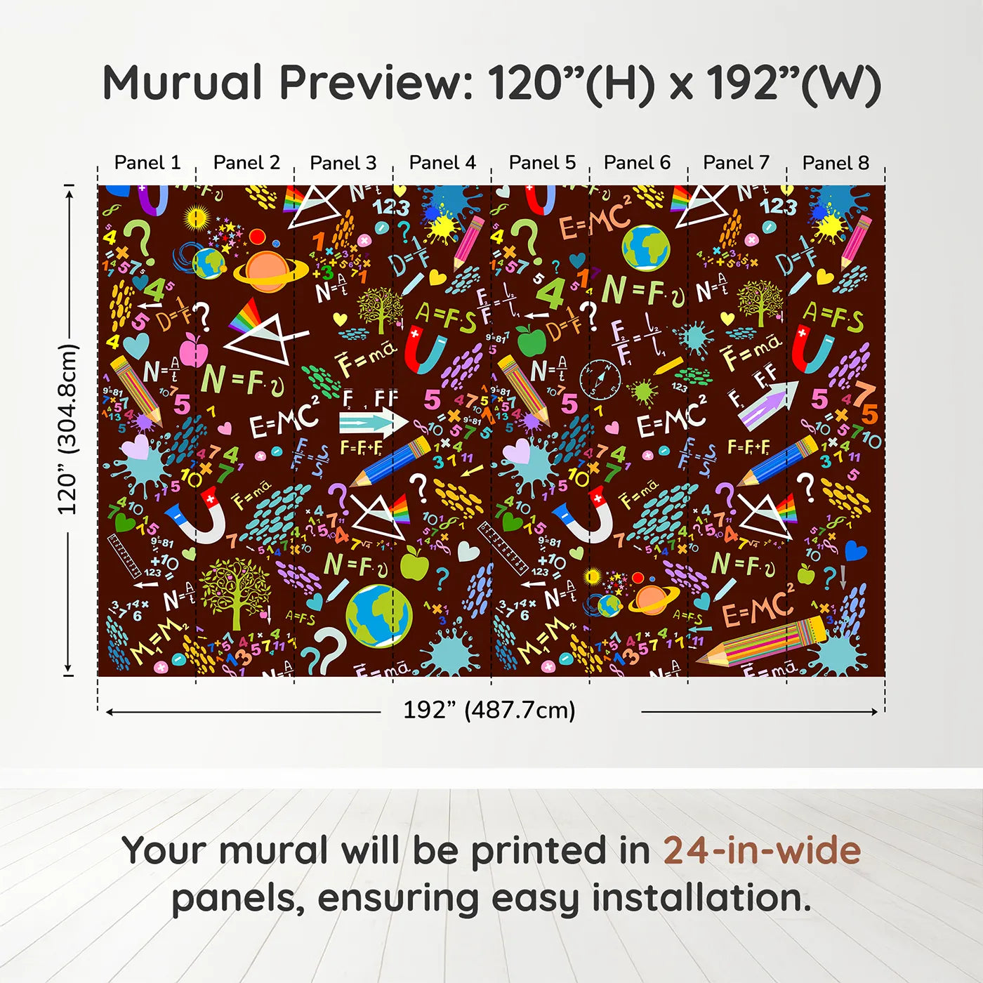 Whimsy Tots Science Doodle Wall Mural in Browndimension view (120" H x 192" W). Printed in eight 24-inch-wide panels. Gender-Neutral