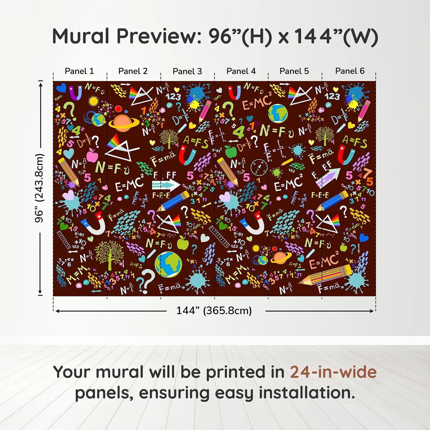 Whimsy Tots Science Doodle Wall Mural in Browndimension view (96" H x 144" W). Printed in six 24-inch-wide panels. Gender-Neutral