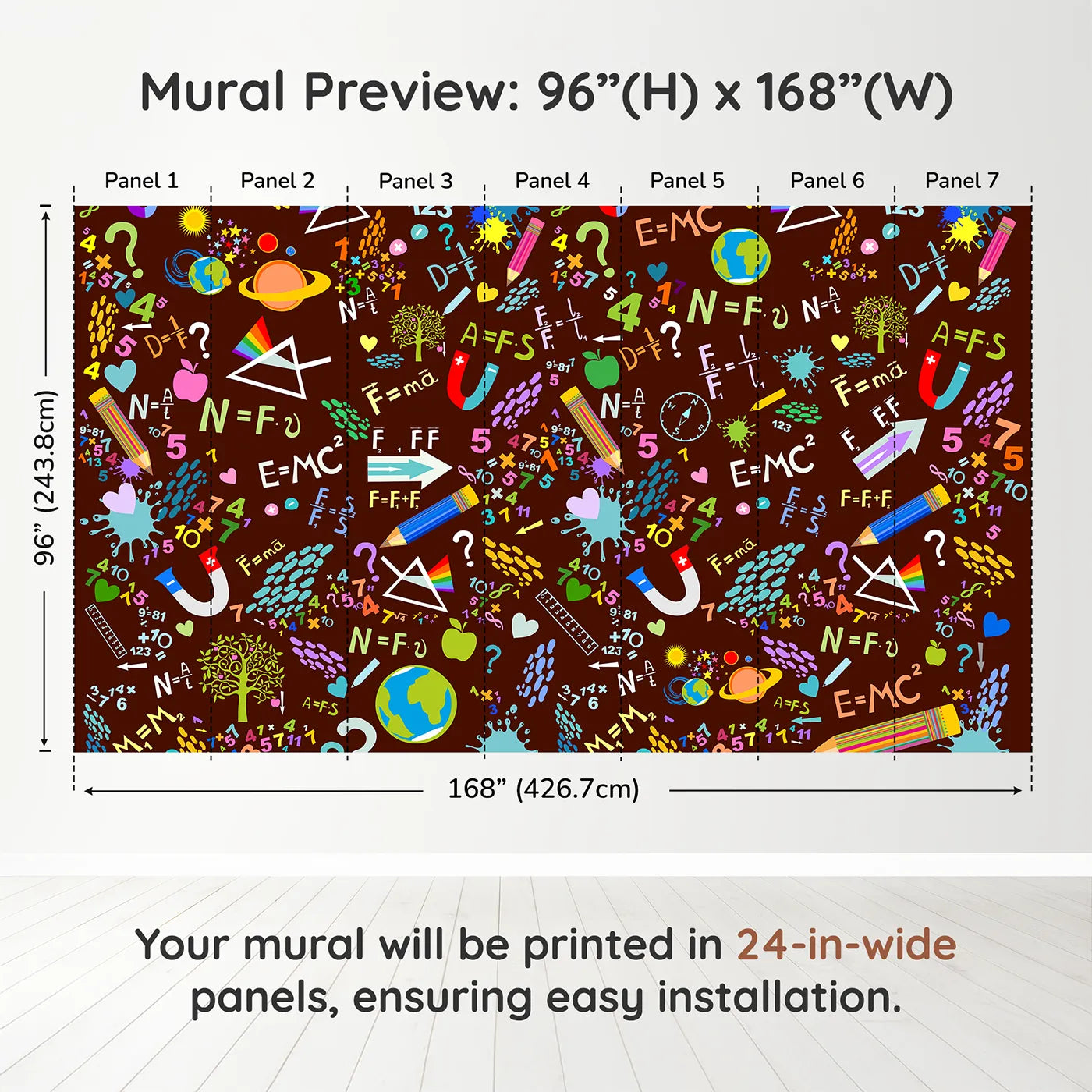 Whimsy Tots Science Doodle Wall Mural in Browndimension view (96" H x 168" W). Printed in seven 24-inch-wide panels. Gender-Neutral