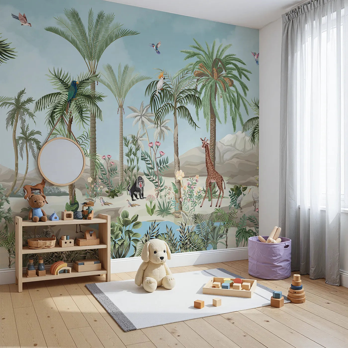 Angled view of Whimsy Tots' Desert Oasis Wall Mural (Turn Their Room into a Lush and Vibrant Safari).Gender-Neutral