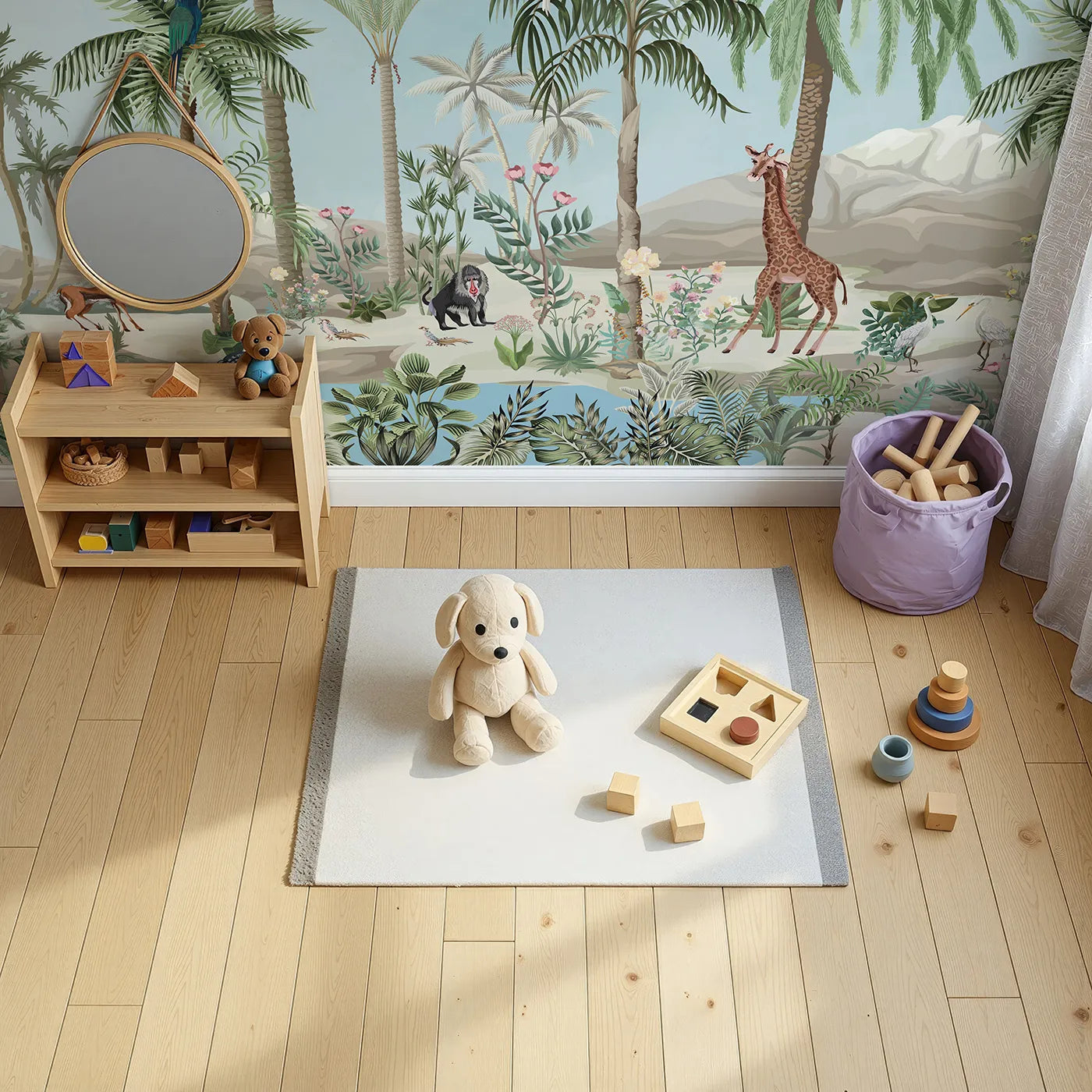 Top-down view of Whimsy Tots' Desert Oasis Wall Mural (Turn Their Room into a Lush and Vibrant Safari).Gender-Neutral