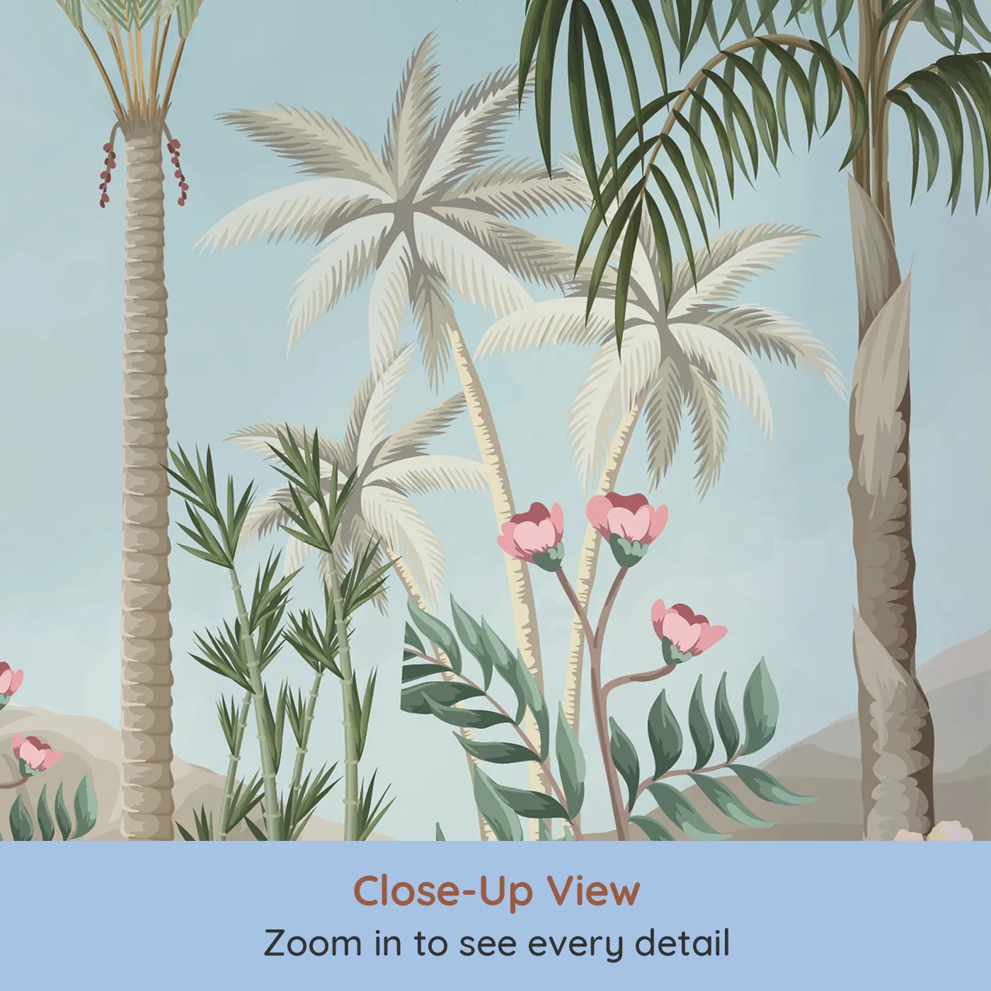 Close-up view of Whimsy Tots' Desert Oasis Wall Mural (Turn Their Room into a Lush and Vibrant Safari).Gender-Neutral