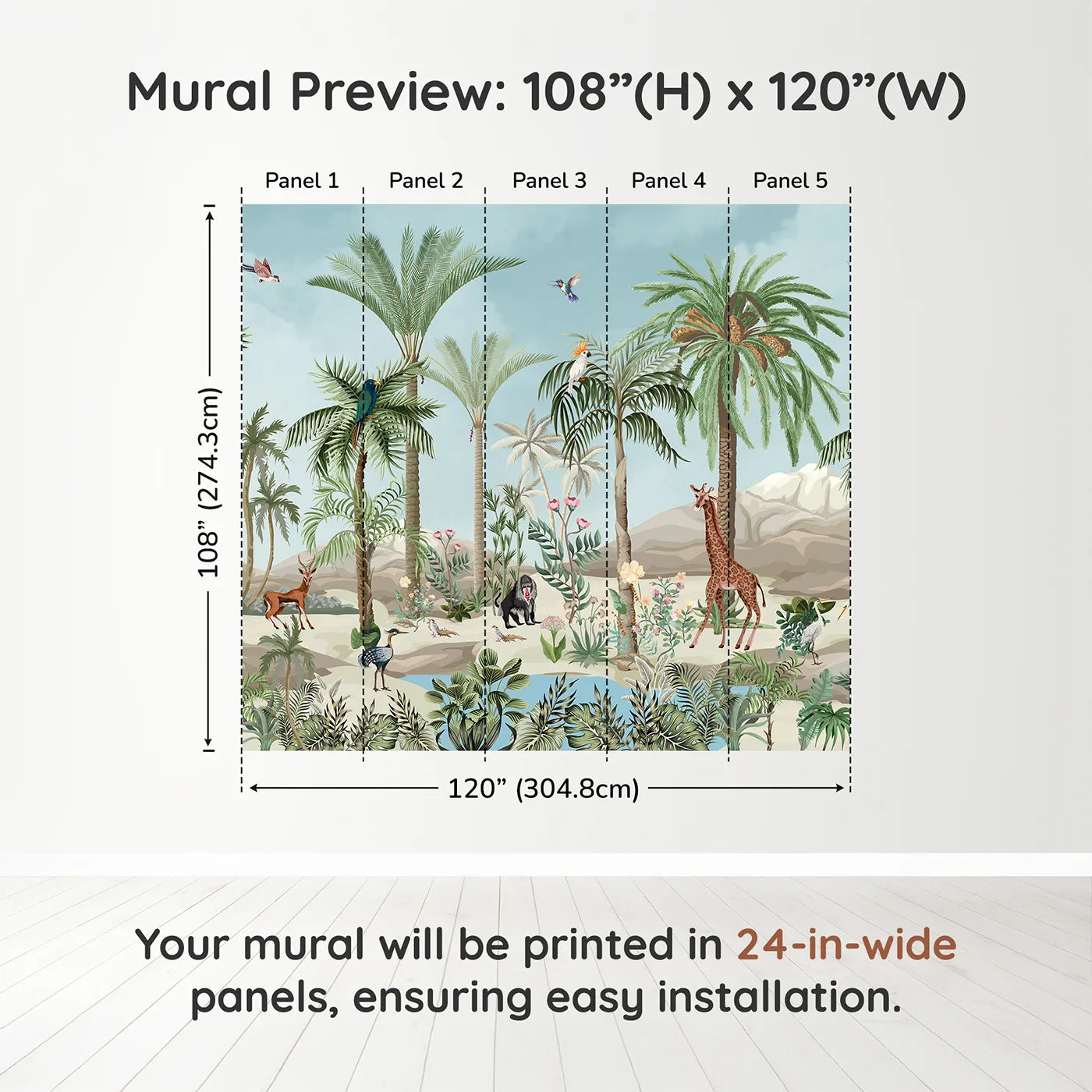 Whimsy Tots Desert Oasis Wall Muraldimension view (108" H x 120" W). Printed in five 24-inch-wide panels. Gender-Neutral