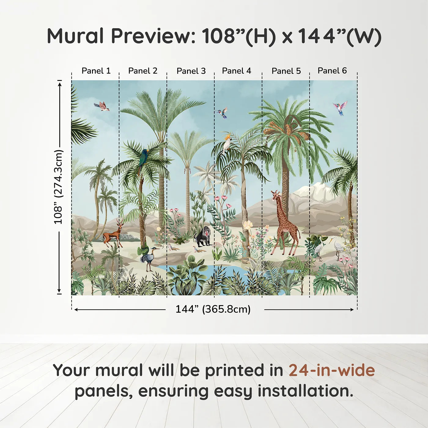 Whimsy Tots Desert Oasis Wall Muraldimension view (108" H x 144" W). Printed in six 24-inch-wide panels. Gender-Neutral