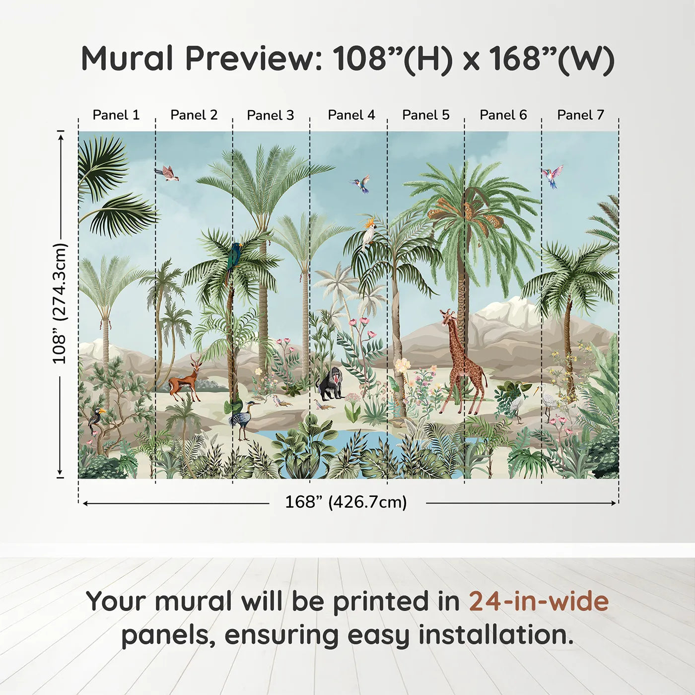 Whimsy Tots Desert Oasis Wall Muraldimension view (108" H x 168" W). Printed in seven 24-inch-wide panels. Gender-Neutral