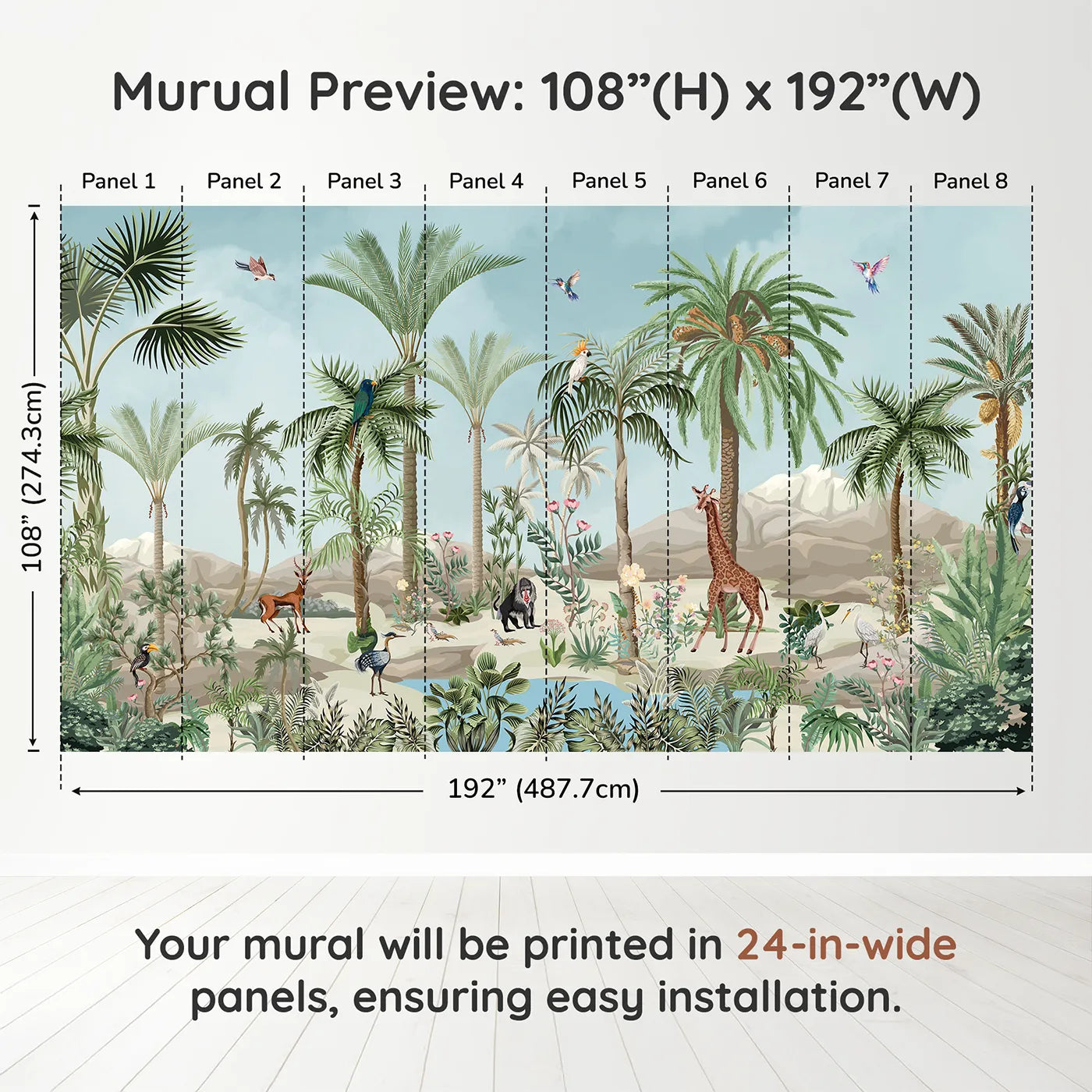 Whimsy Tots Desert Oasis Wall Muraldimension view (108" H x 192" W). Printed in eight 24-inch-wide panels. Gender-Neutral