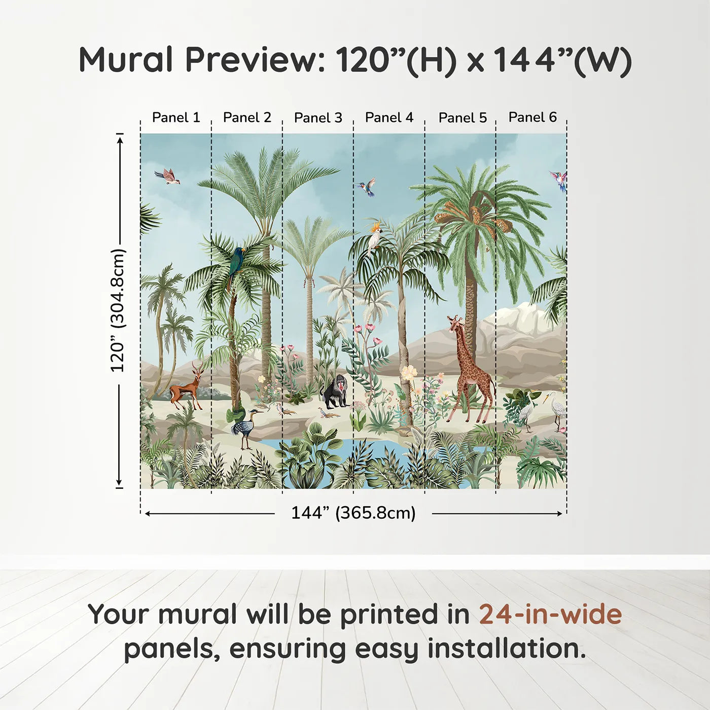 Whimsy Tots Desert Oasis Wall Muraldimension view (120" H x 144" W). Printed in six 24-inch-wide panels. Gender-Neutral