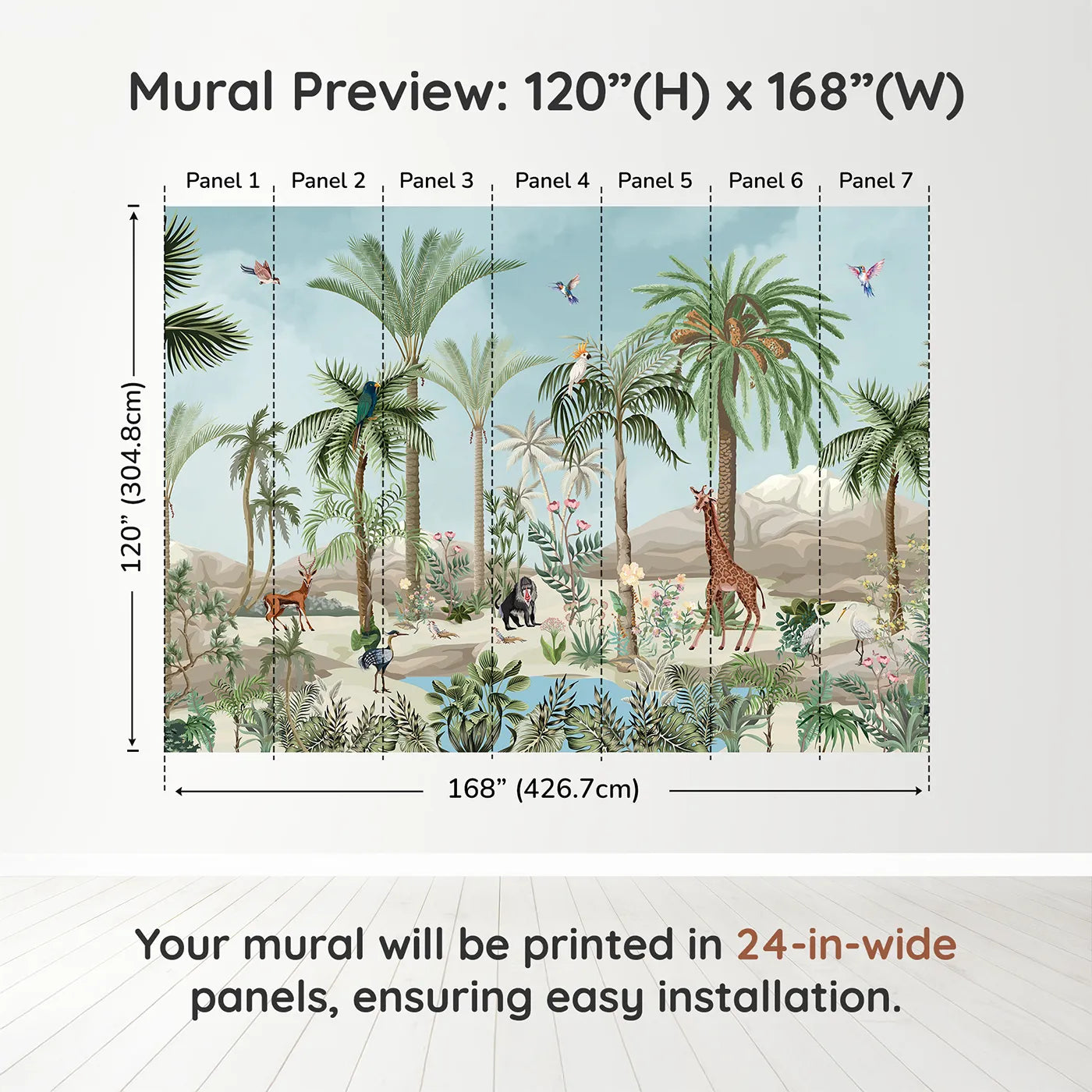 Whimsy Tots Desert Oasis Wall Muraldimension view (120" H x 168" W). Printed in seven 24-inch-wide panels. Gender-Neutral