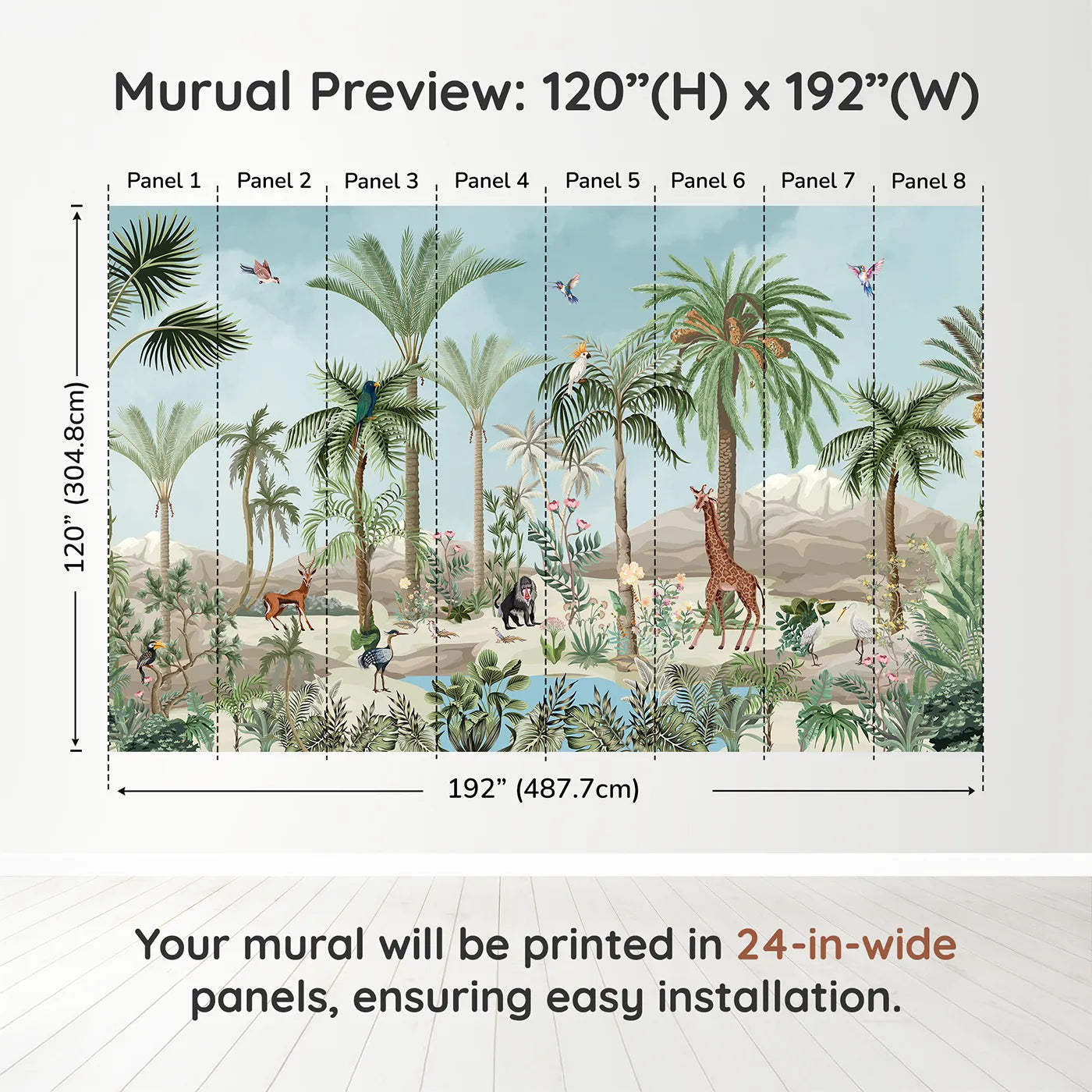 Whimsy Tots Desert Oasis Wall Muraldimension view (120" H x 192" W). Printed in eight 24-inch-wide panels. Gender-Neutral