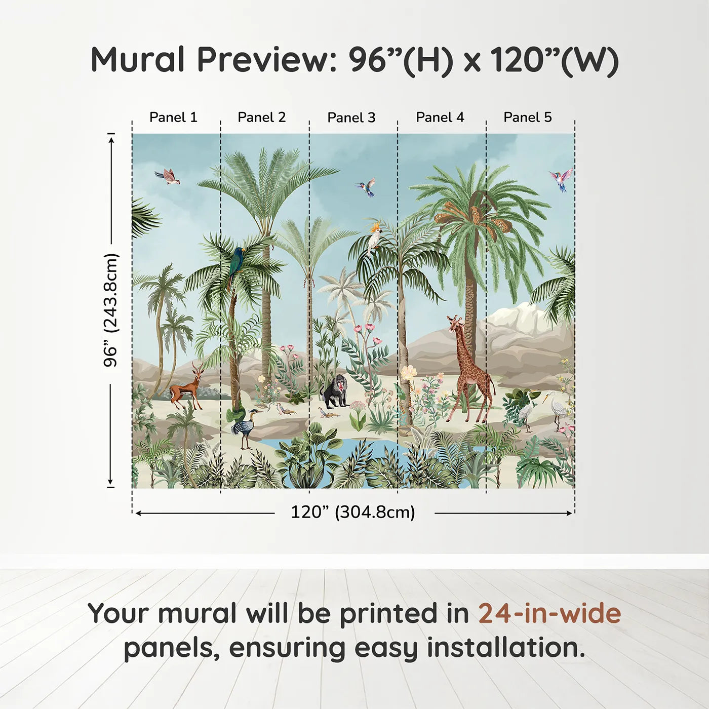 Whimsy Tots Desert Oasis Wall Muraldimension view (96" H x 120" W). Printed in five 24-inch-wide panels. Gender-Neutral